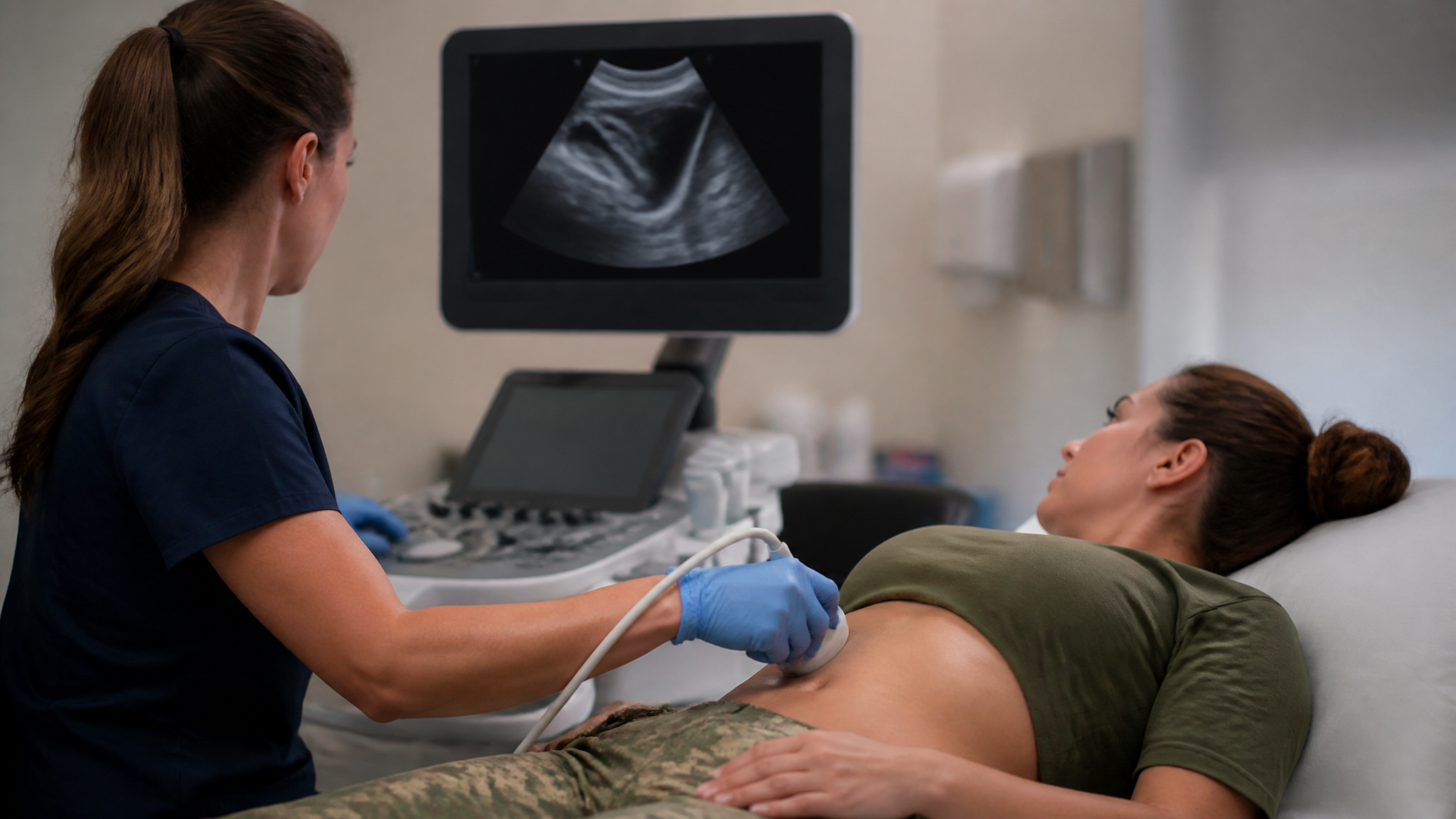 Sonographer performing an abdominal ultrasound of the kidneys on a veteran patient