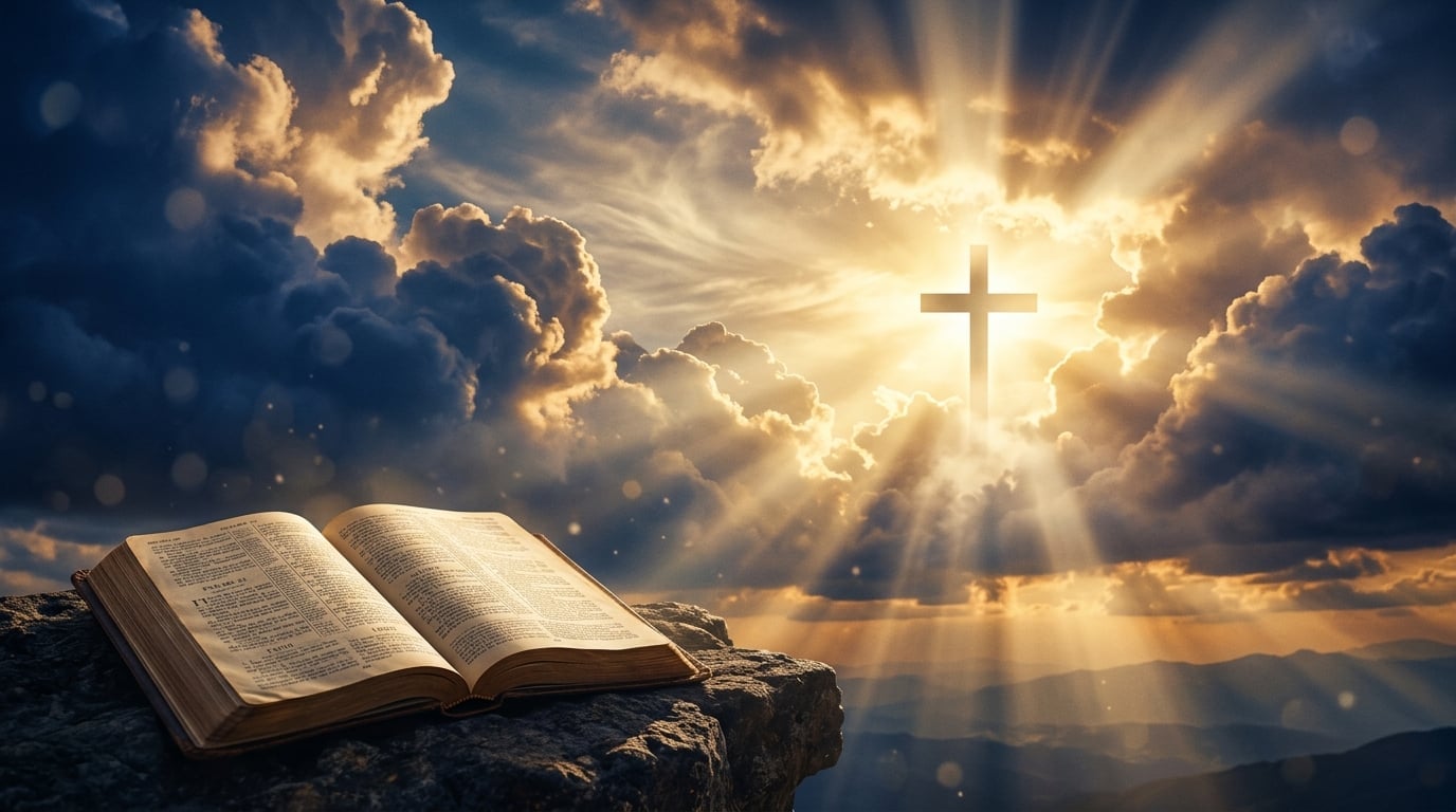 Spiritual sky with golden sunlight and cross