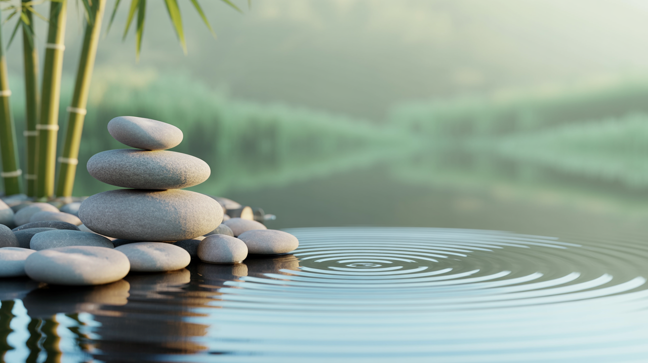 Jardim zen com pedras equilibradas e água calma representando tranquilidade