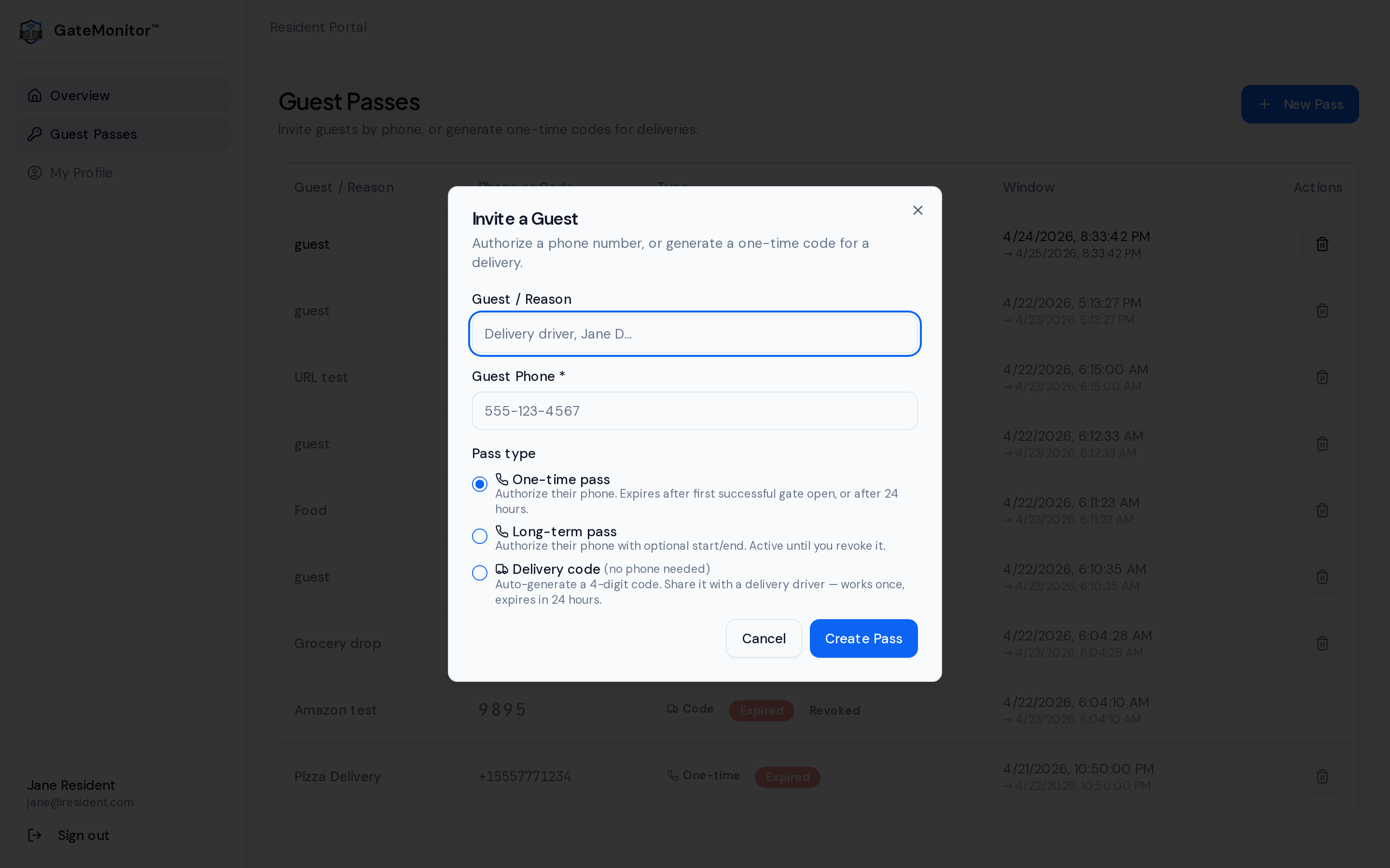 Resident portal — Invite a Guest modal showing one-time, long-term, and delivery code pass options
