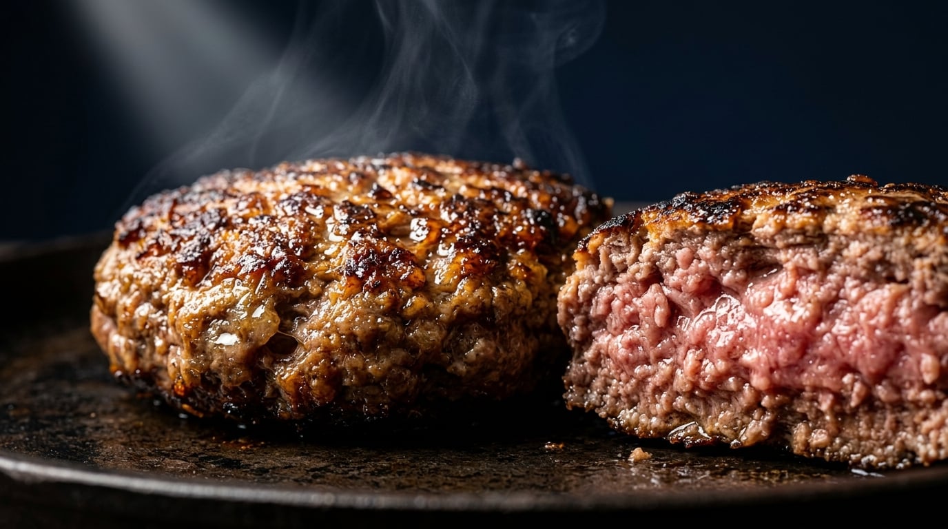 Extreme close-up of Maillard reaction crust on a Zeus Burger patty with golden-brown caramelization and juices glistening