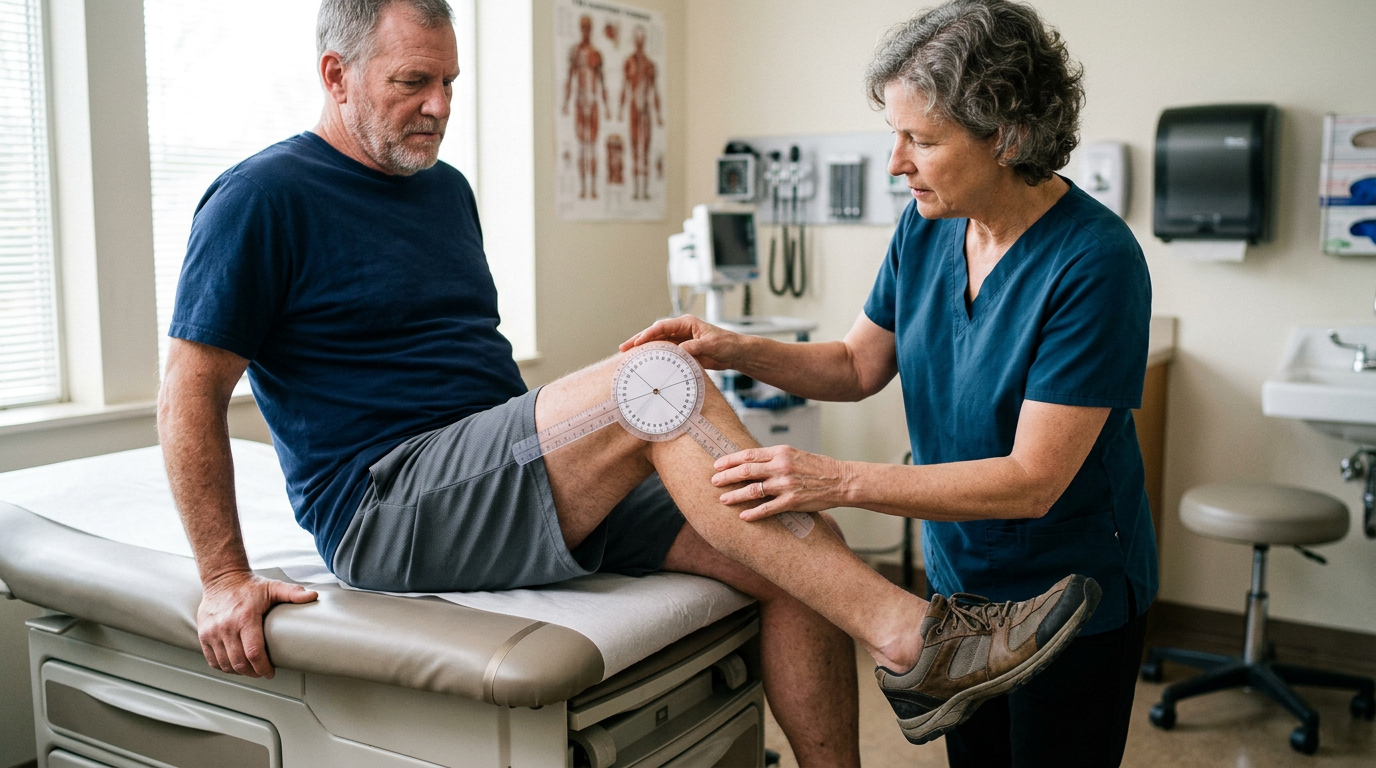 Physician measuring a veteran’s knee range of motion with a goniometer in a clinic exam room