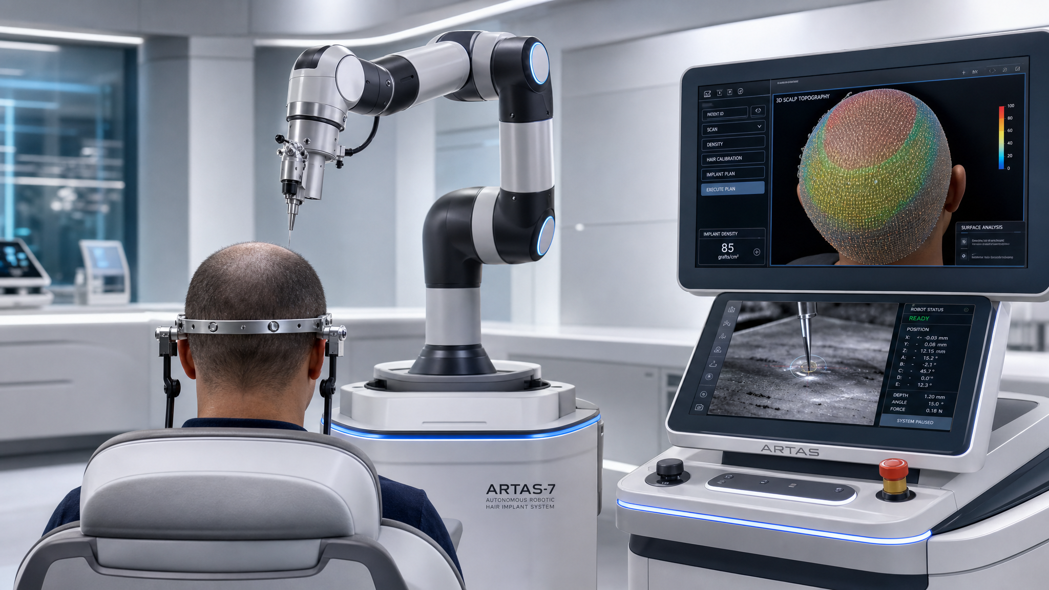 Rear view: 7-DOF robotic arm in raised ready-to-operate position behind the patient, poised above the occipital scalp