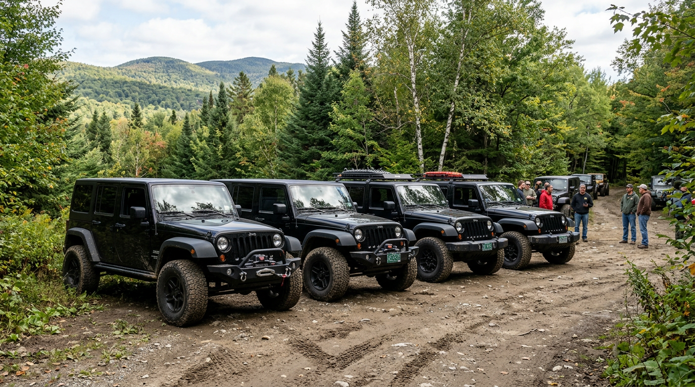 Convoy of multiple off-road vehicles together on a dirt trail