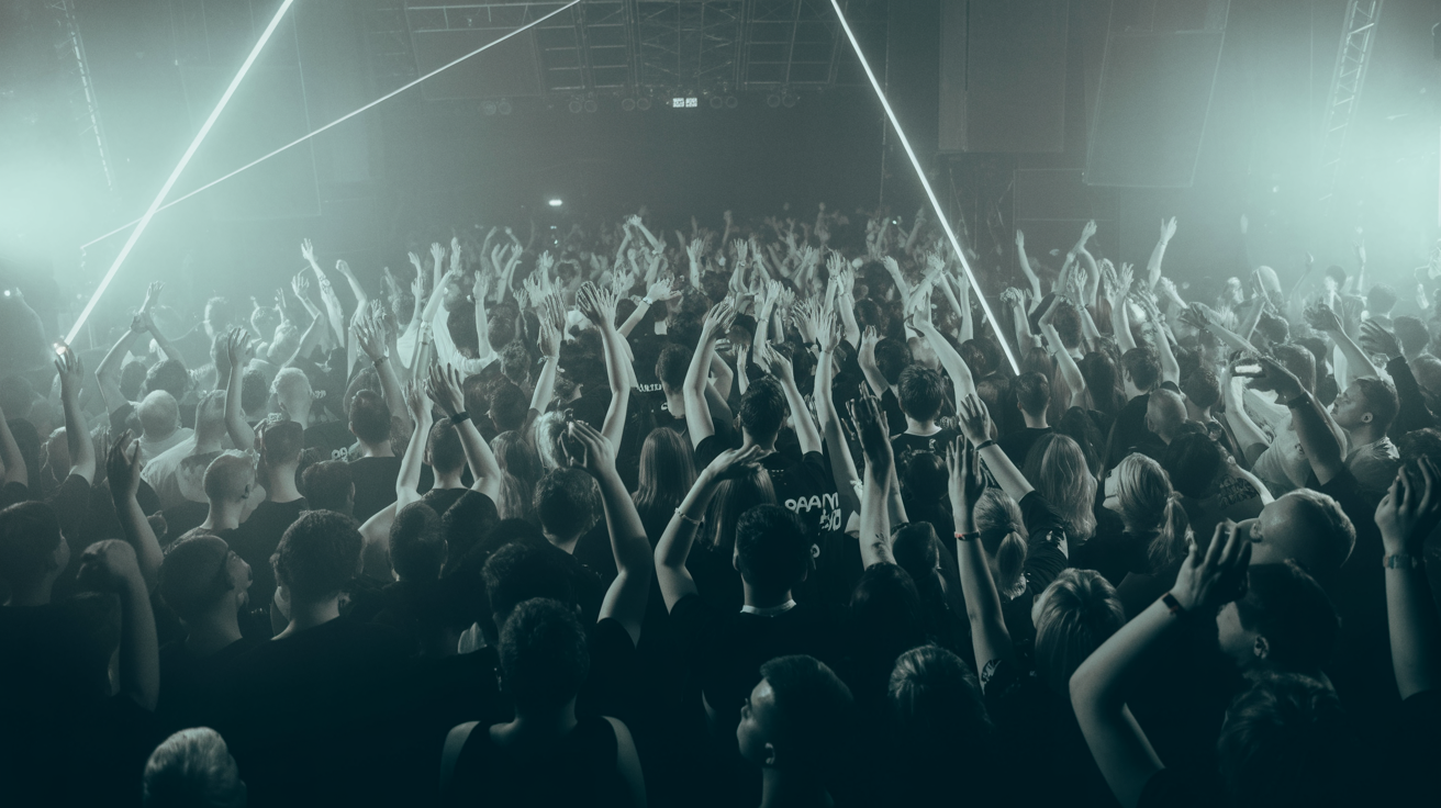 Underground electronic music event crowd with lasers cutting through smoke