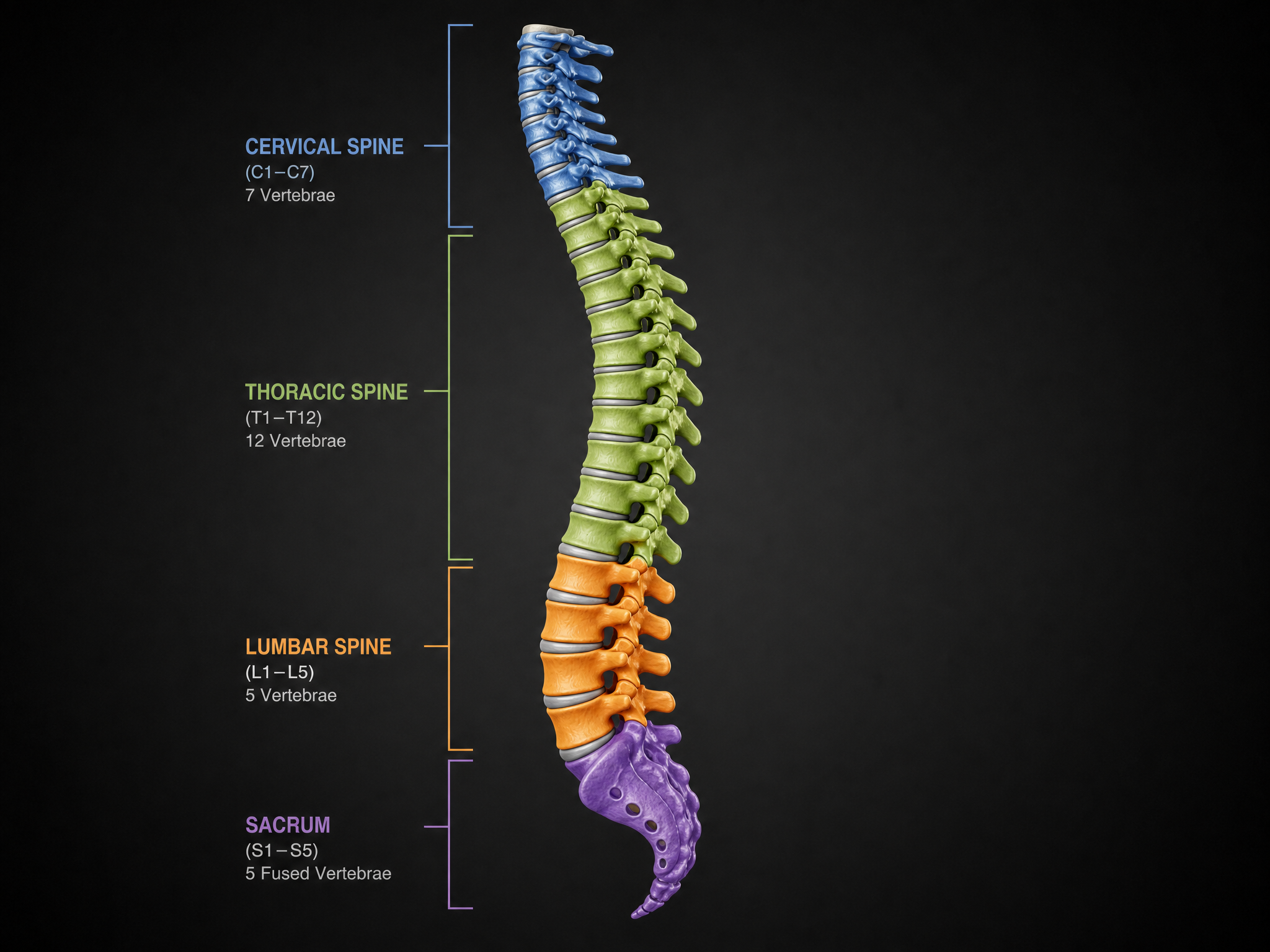 Full human spinal column showing the cervical, thoracic and lumbar regions color-coded
