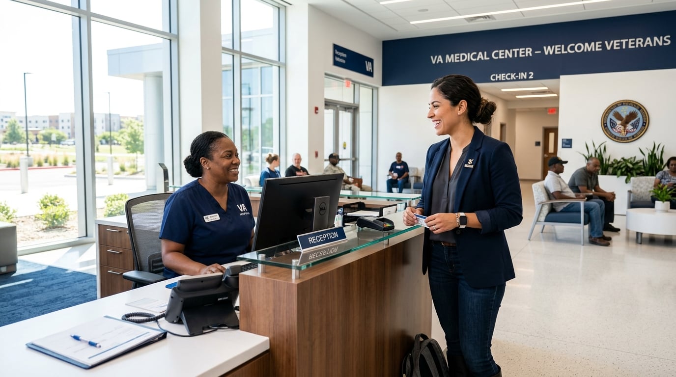Latina female Navy veteran checking in at a VA medical center front desk