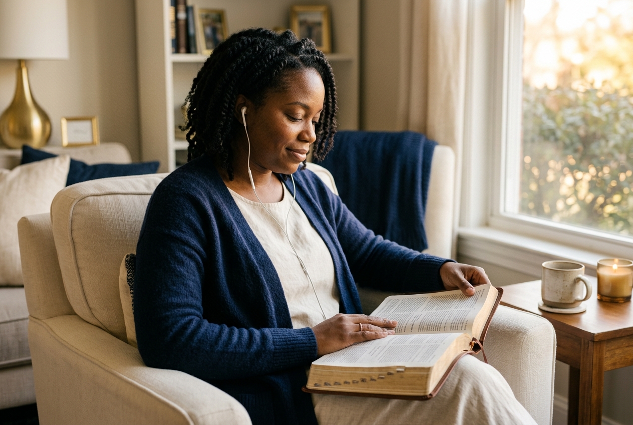 A peaceful, encouraged woman listening to prayer through earphones while holding an open Bible