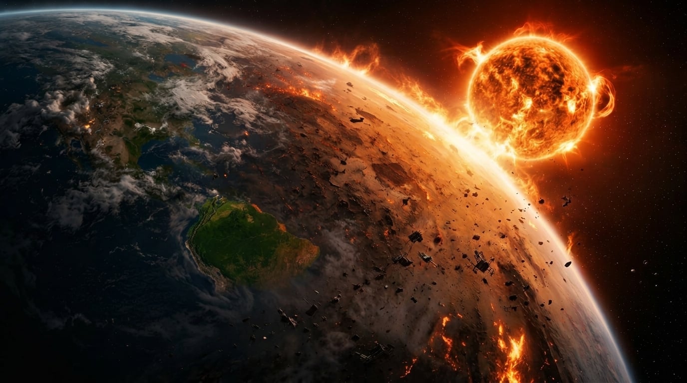 Earth scorched by solar flares with orbital debris