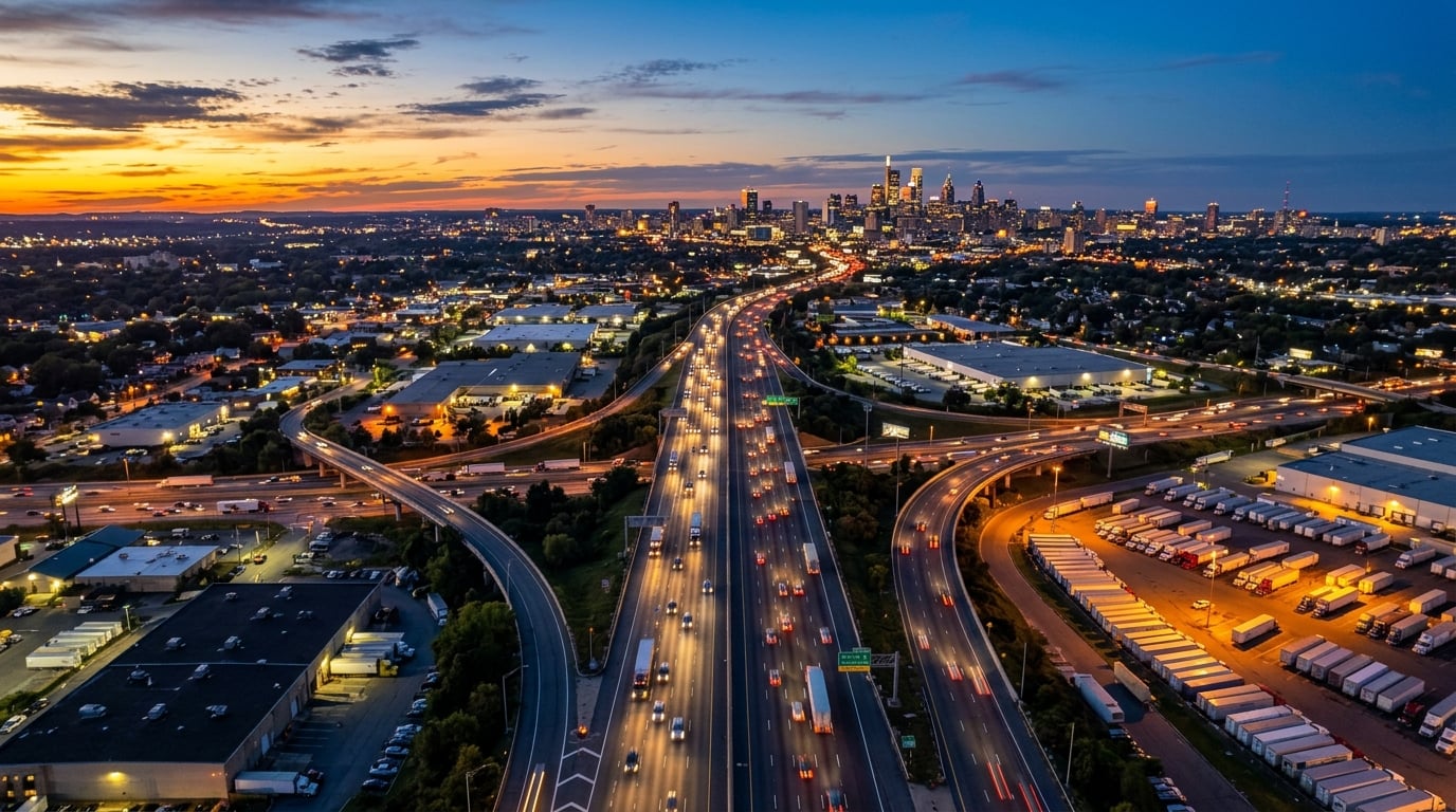 American transportation infrastructure at dusk