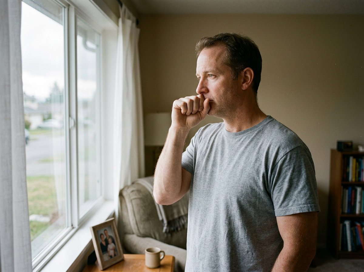 White male veteran in his 40s standing pensively by a window with a reflective expression symbolizing toxic burn-pit exposure during deployment