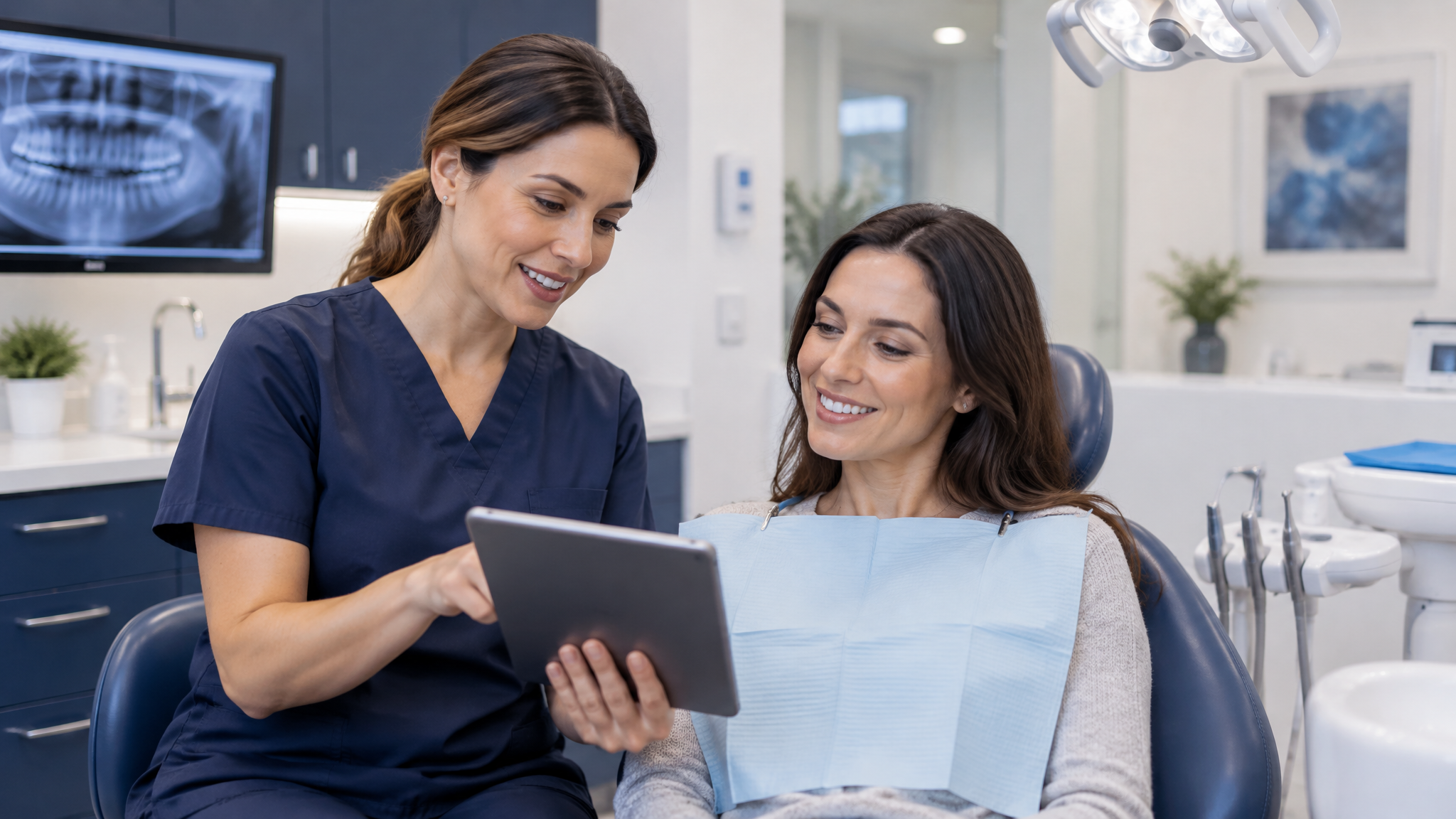 Emergency dentist consulting with a patient at West Palm Beach dental clinic