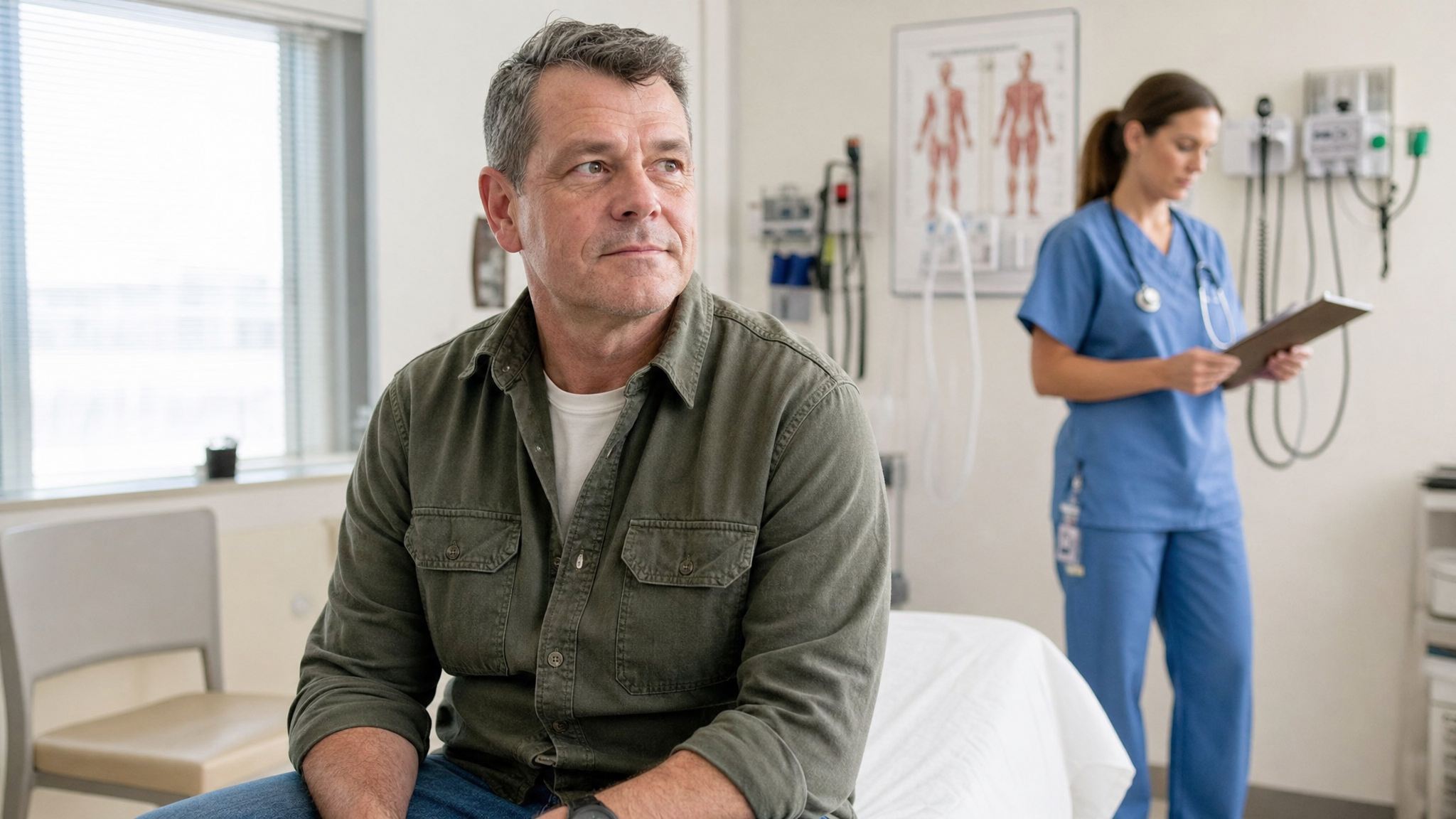 A military veteran at a VA clinic receiving a toxic-exposure health screening