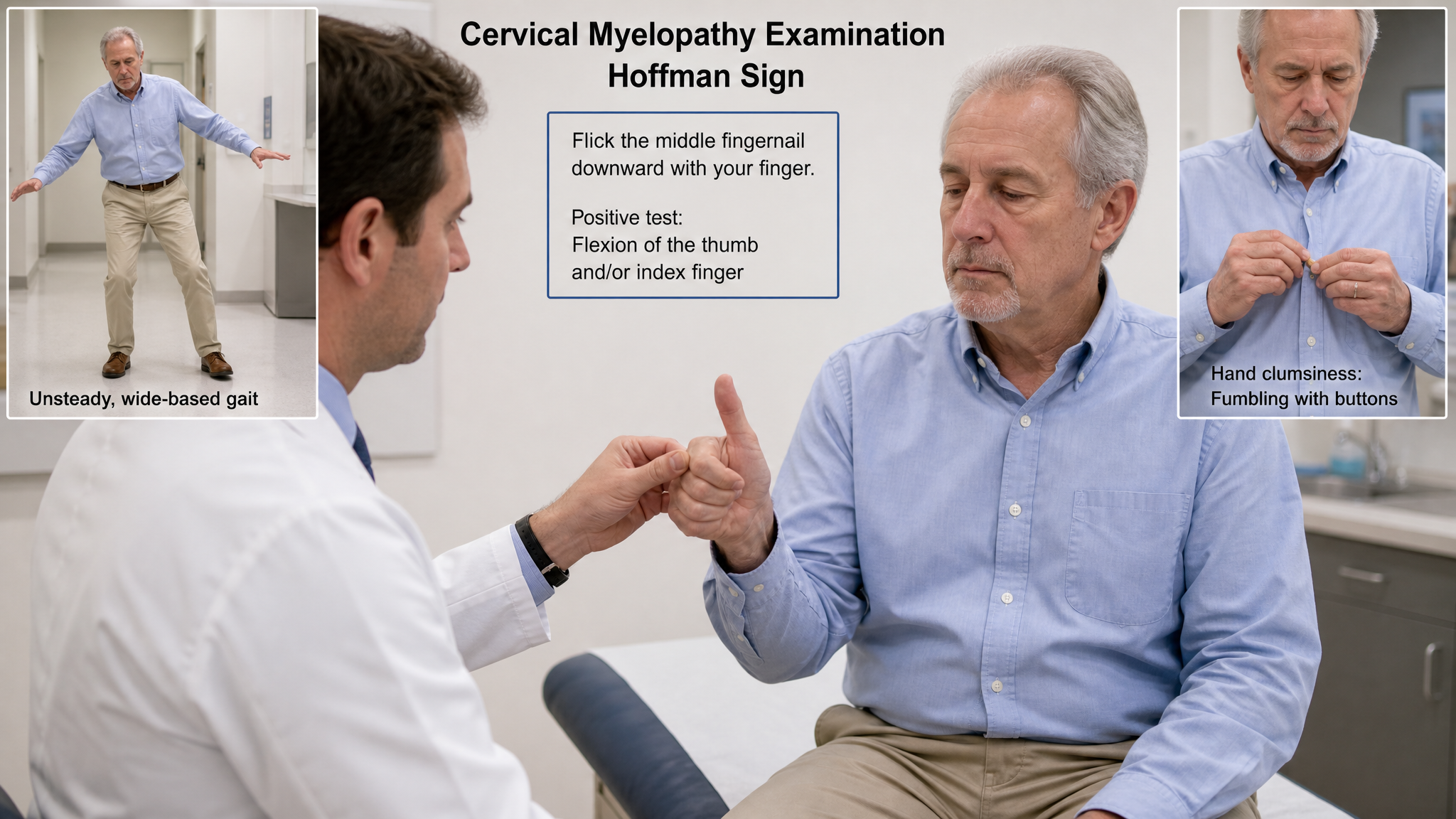 Clinical teaching photograph of a Hoffman sign test with the thumb flexing, plus insets of an unsteady wide-based gait and a hand fumbling buttons, signifying cervical myelopathy