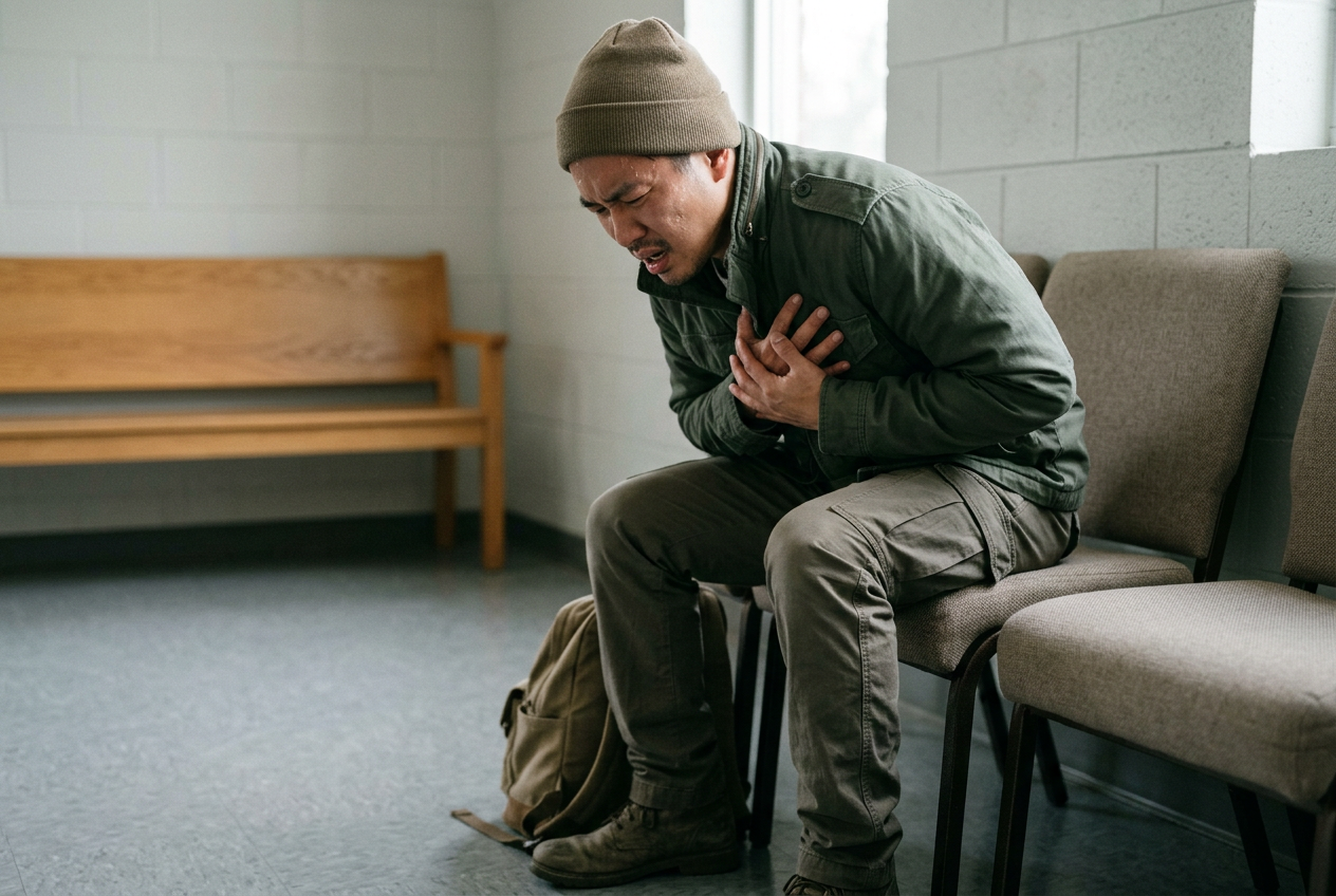 A male veteran clutching his chest and breathing hard during a panic attack, hunched forward in distress