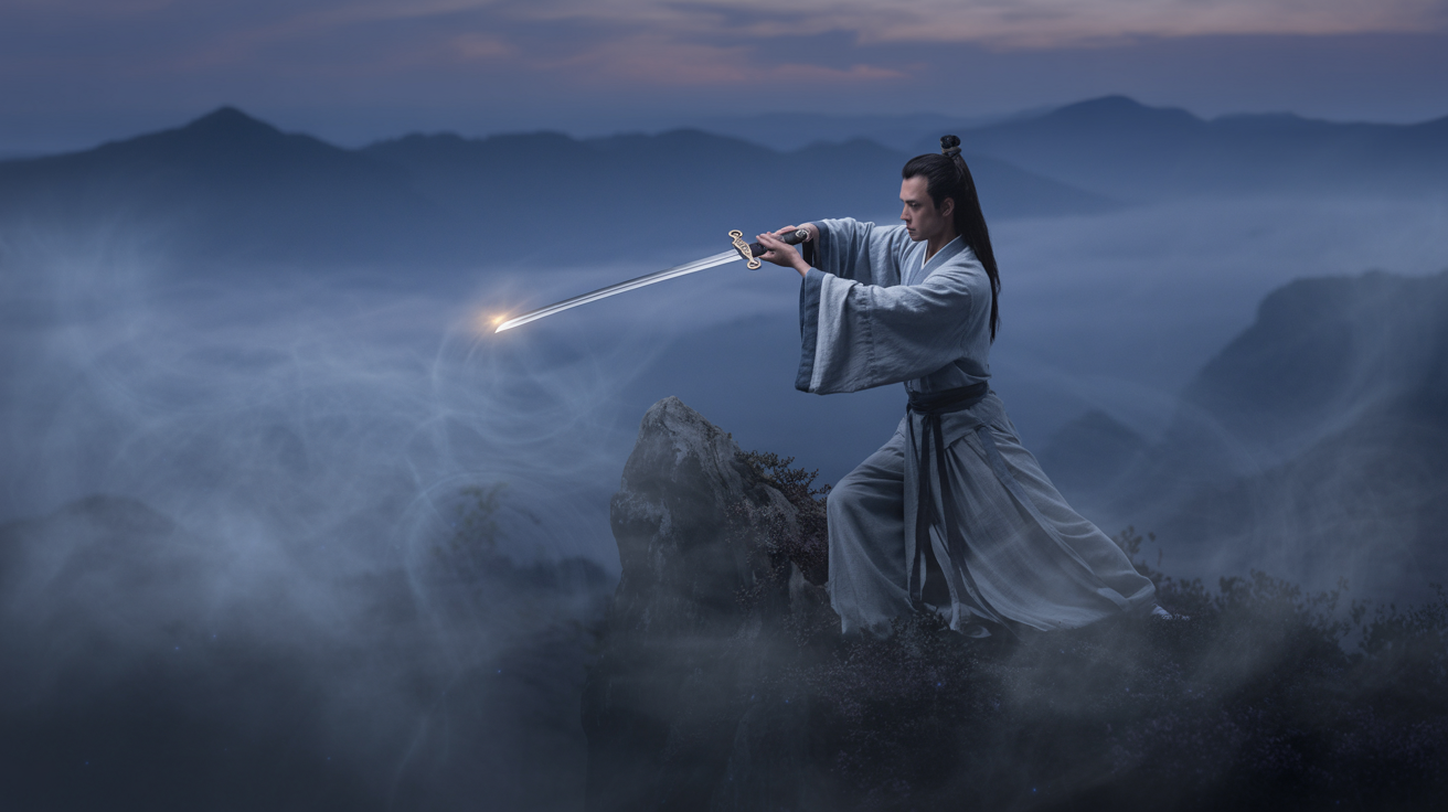 Ancient Chinese swordsman in misty mountains