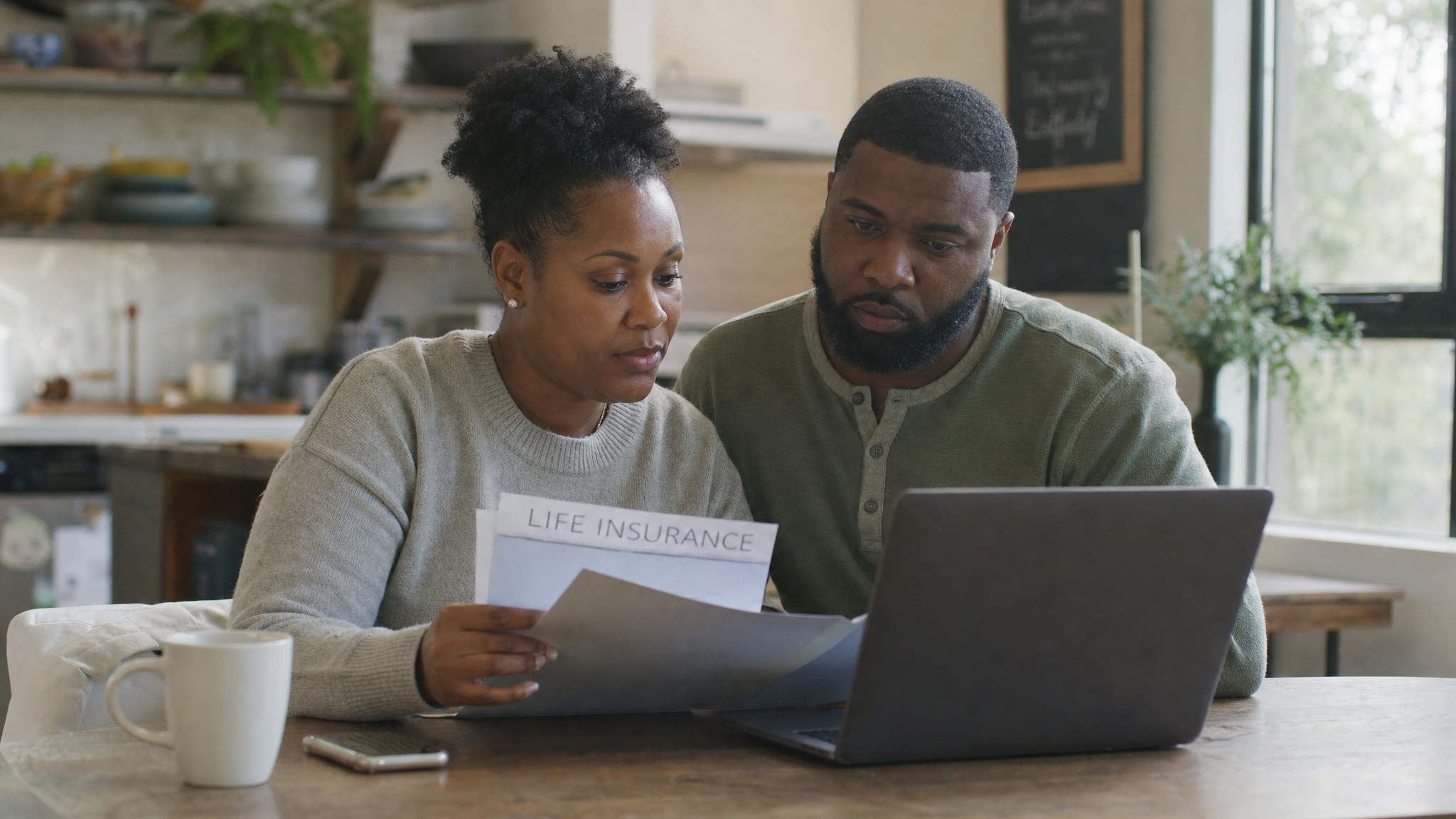 A veteran and her spouse reviewing their life-insurance options at home