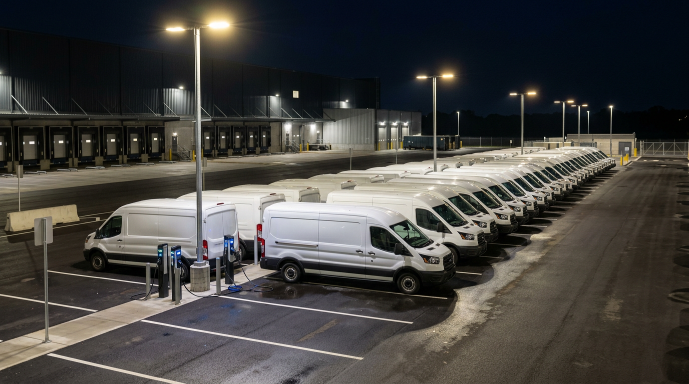 Fleet depot at night with electric delivery vans charging