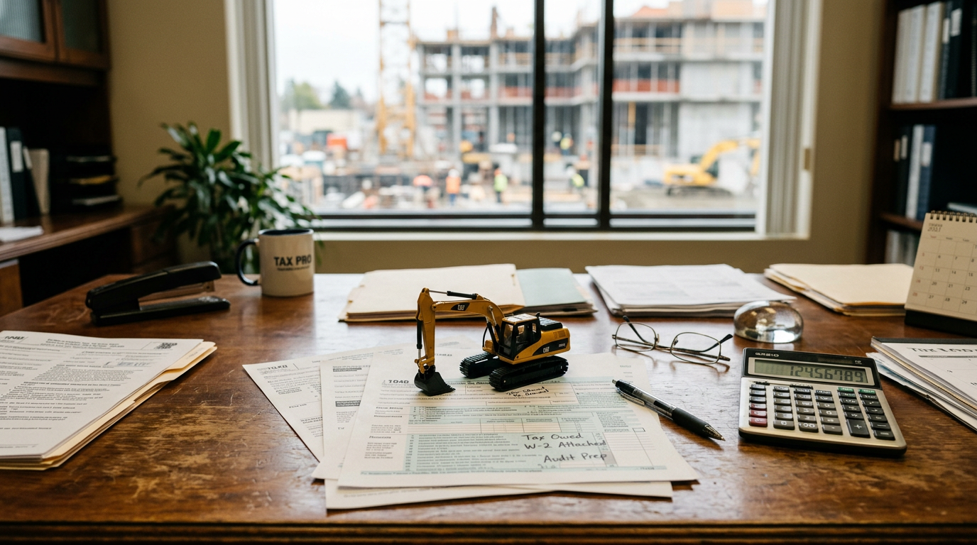 Tax forms and a calculator beside a model excavator on a desk
