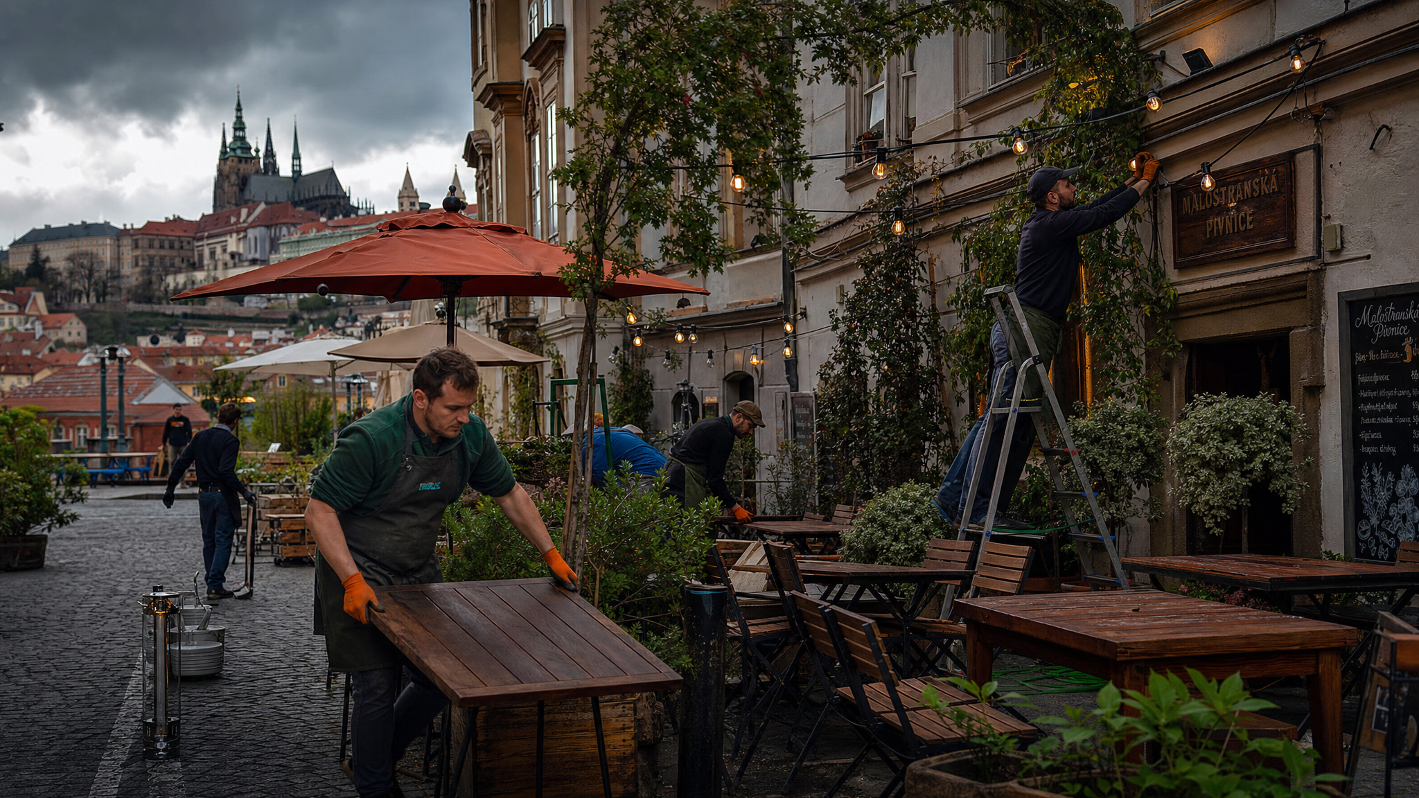 Workers setting up outdoor restaurant terrace and beer garden in Prague