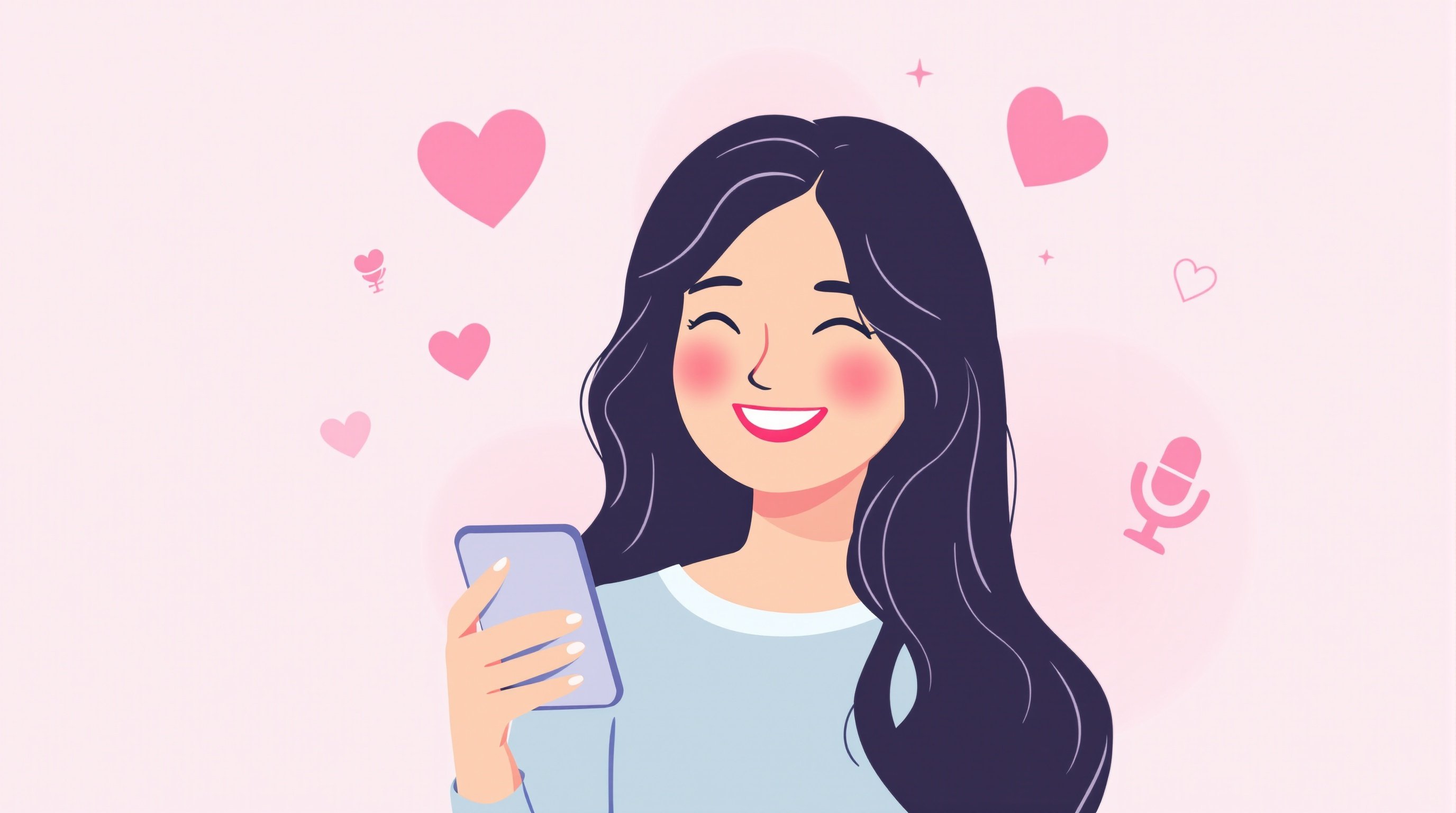 Garota sorridente usando smartphone com ícones de coração, microfone e telefone flutuando ao redor