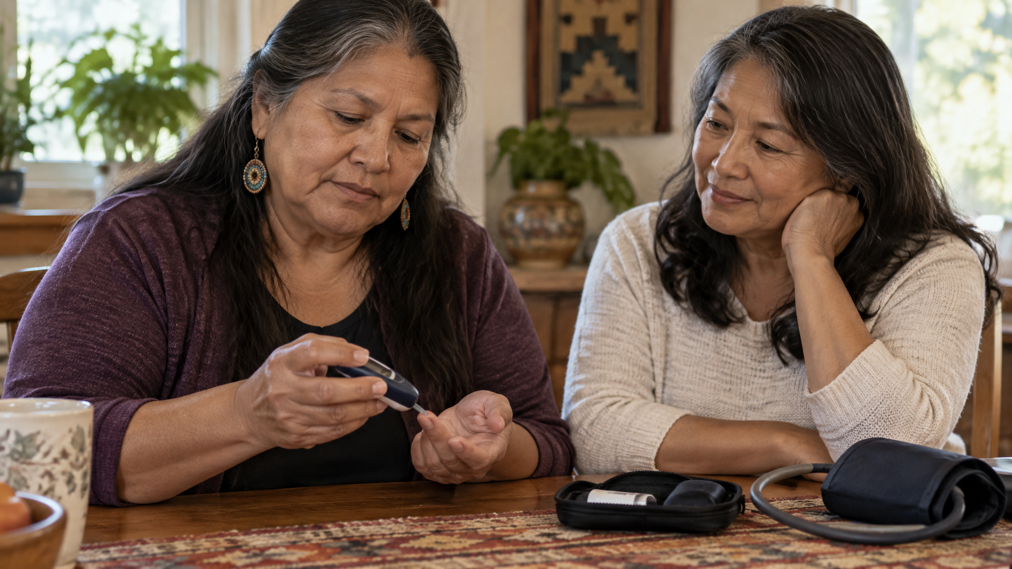 A woman veteran in her fifties checking her blood sugar at the dining table beside a female friend, a blood pressure cuff on the table