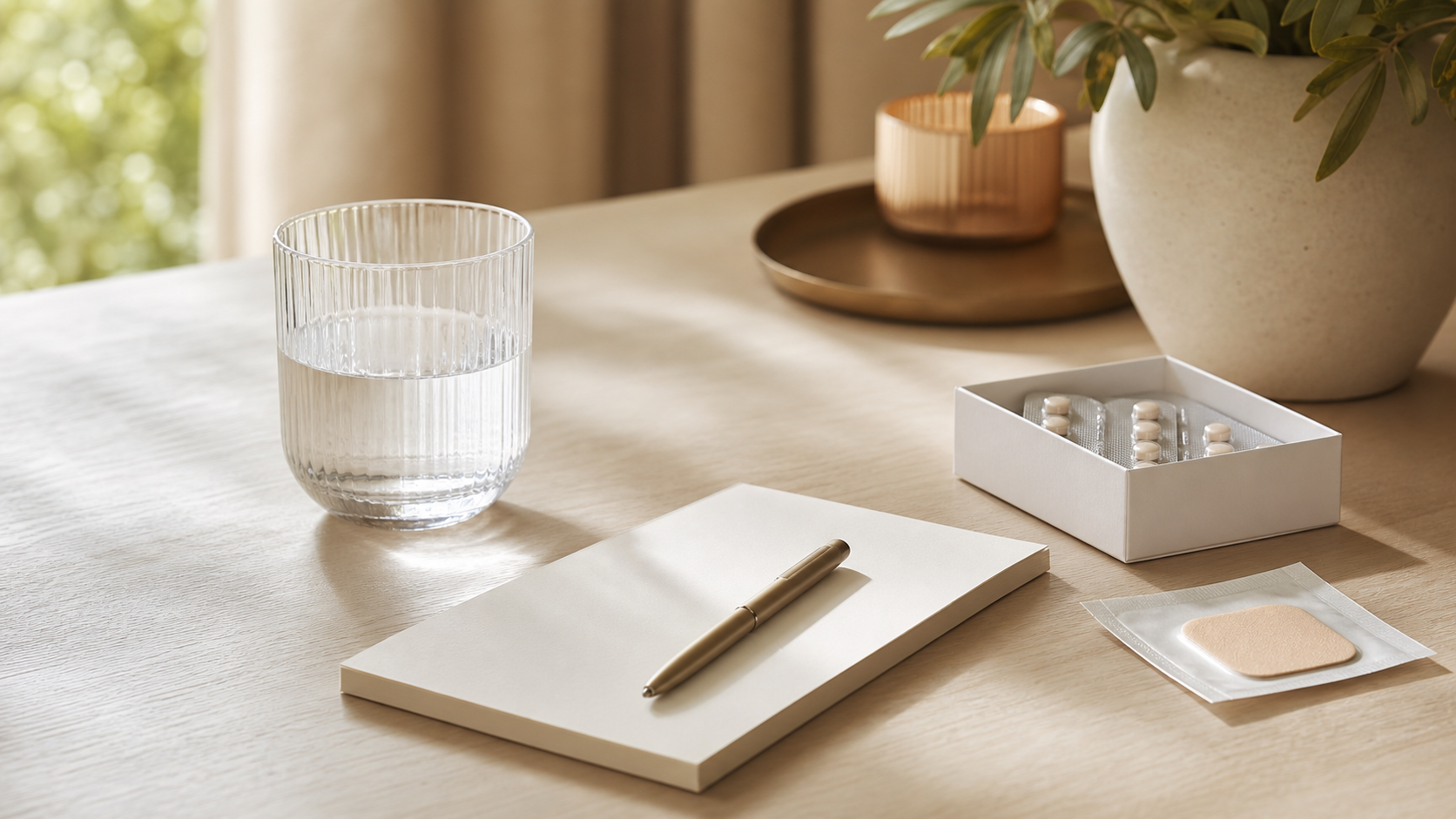 Calm desk still life in warm natural light with a notepad and pen, a glass of water, a pill box and a discreet HRT patch