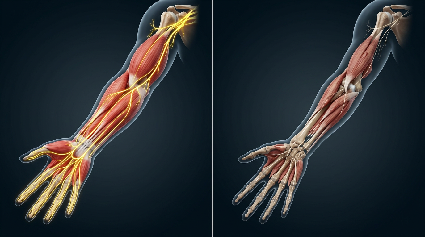 Medical illustration showing progressive loss of function in an extremity, healthy versus atrophied muscles with diminishing nerve pathways