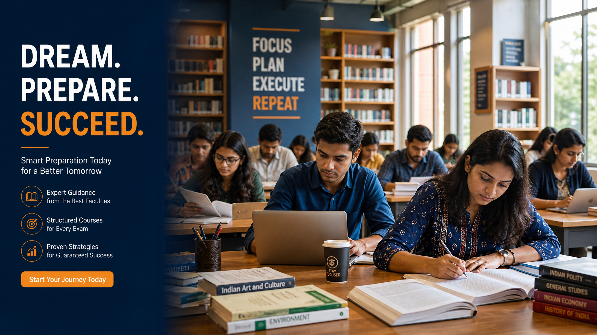 Students preparing for TNPSC exams in a bright library