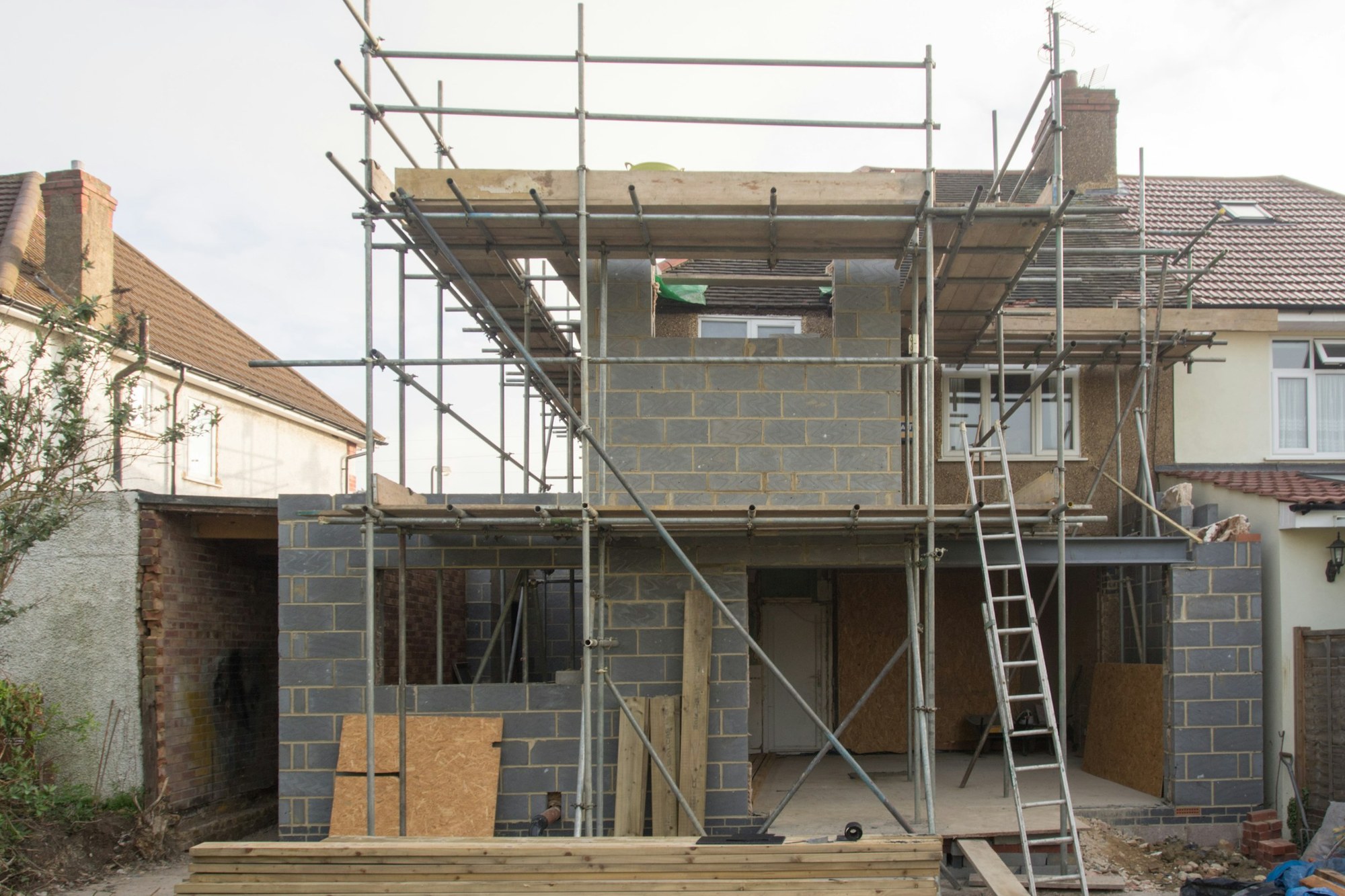 Two-storey extension being built ready for roofing