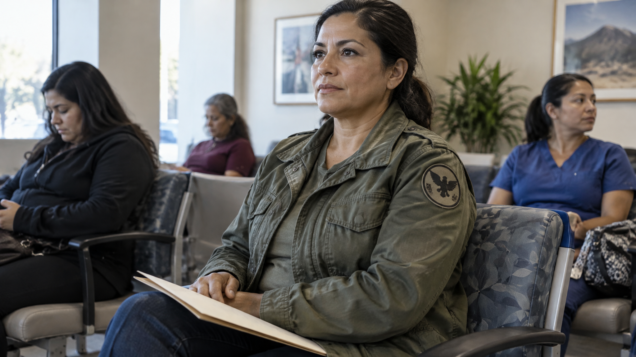 A woman veteran in a unit jacket sitting upright in a VA clinic waiting room with a folder on her lap