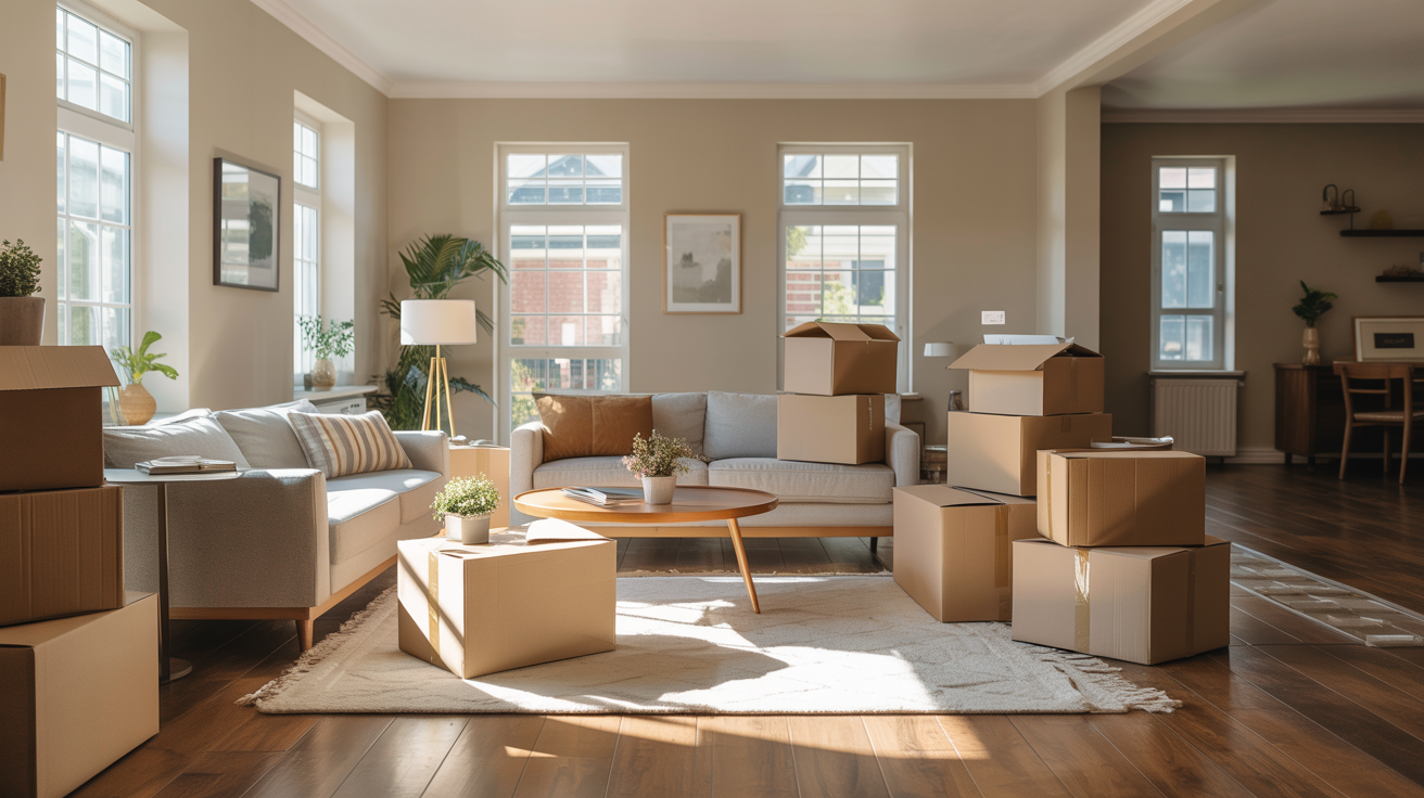 Cozy living room with moving boxes representing first home purchase