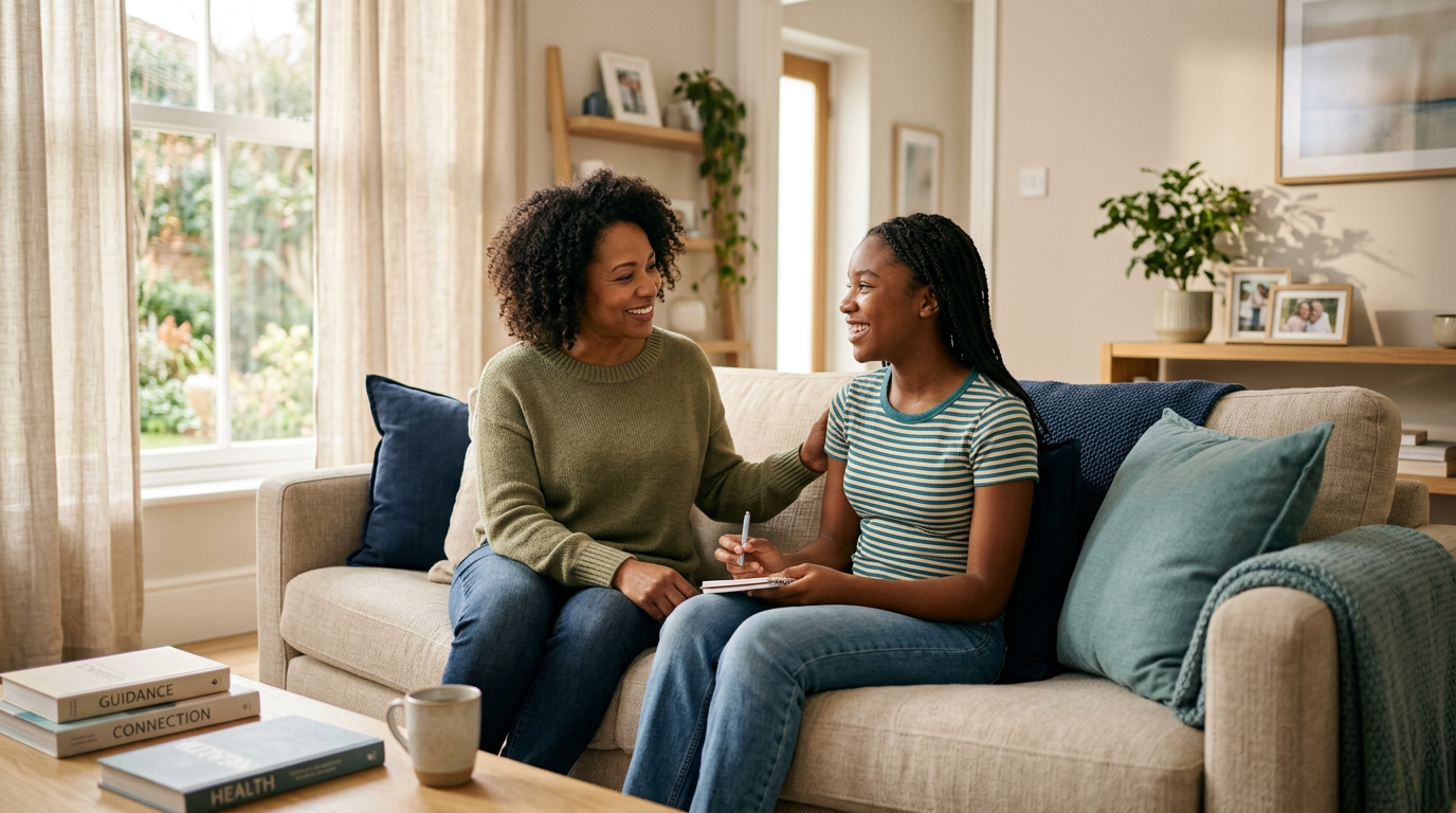 Mother and teenage daughter sitting together and talking warmly, representing open conversations about growing up