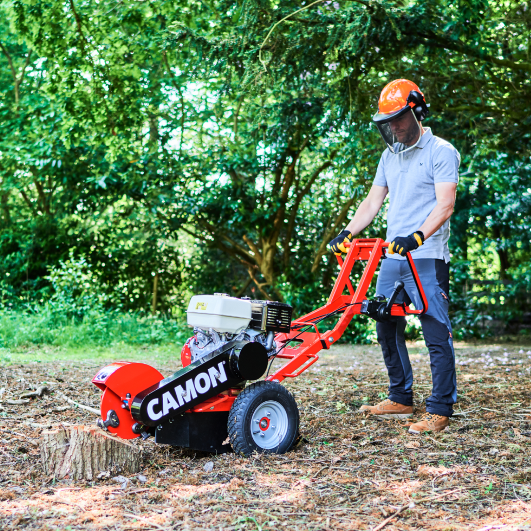 Stump grinding machinery in British garden