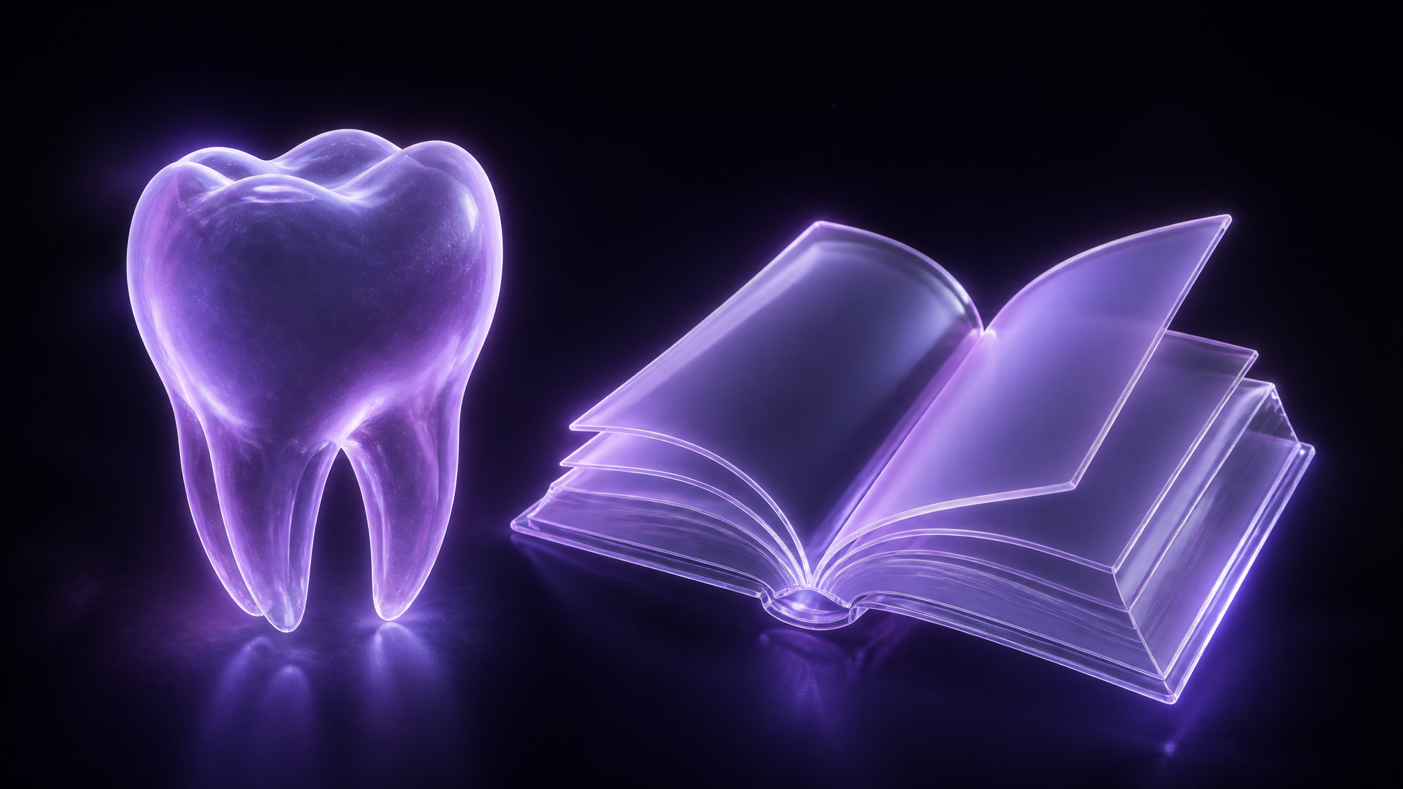 A frosted-glass glowing tooth beside a translucent open rulebook, floating in the dark