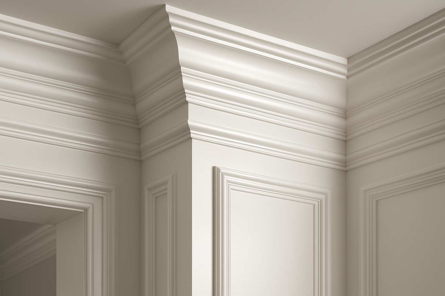 Elegant crown molding and custom millwork in a luxury interior, showcasing precision installation and flawless paint lines.