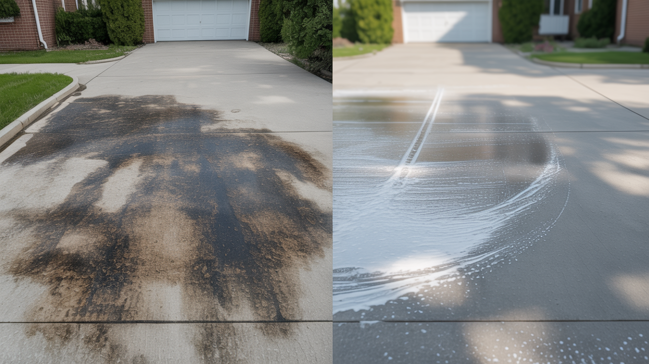 Before and after driveway pressure washing showing dramatic cleaning results