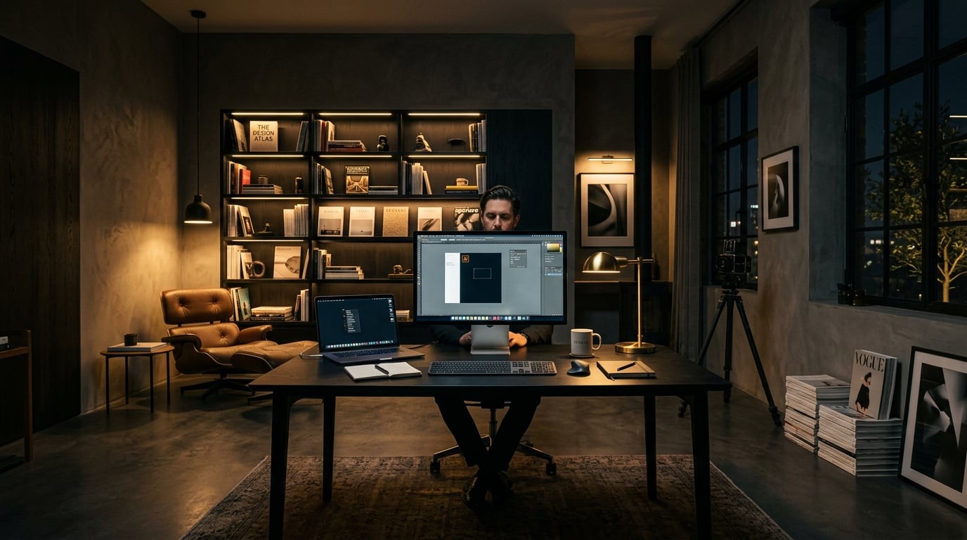 Cinematic creative studio with warm golden lighting