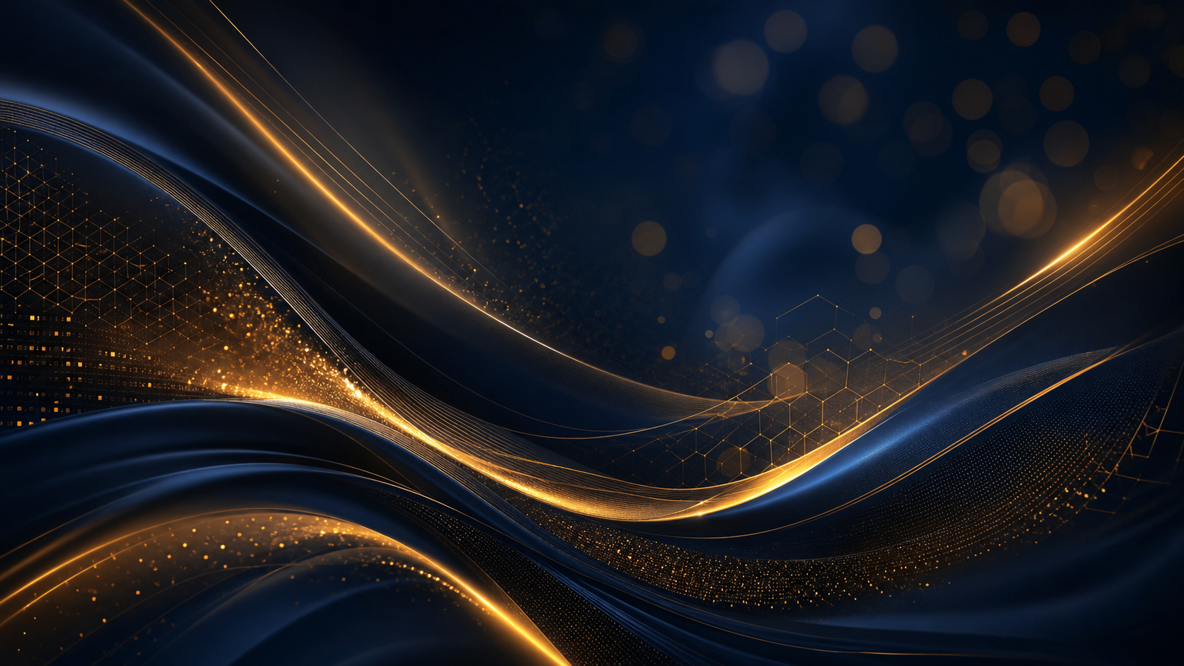 Dark navy abstract background with flowing gold light streaks