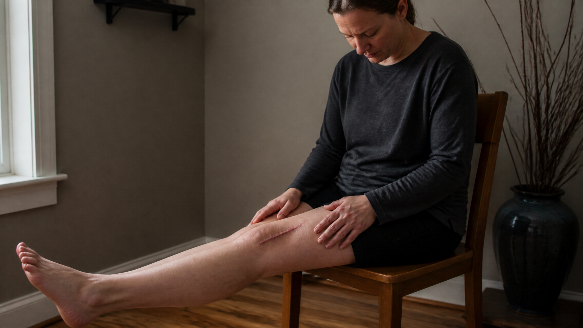 Photograph of a person sitting and looking down at a surgically scarred knee that stays straight and will not bend