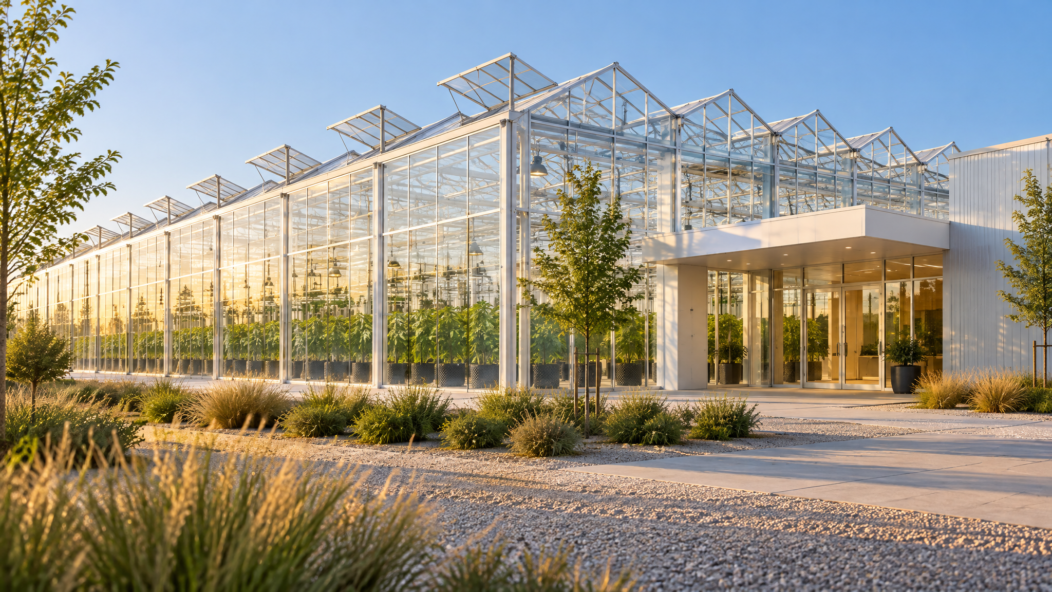 AI-generated architectural concept of a glass greenhouse with a white entrance pavilion