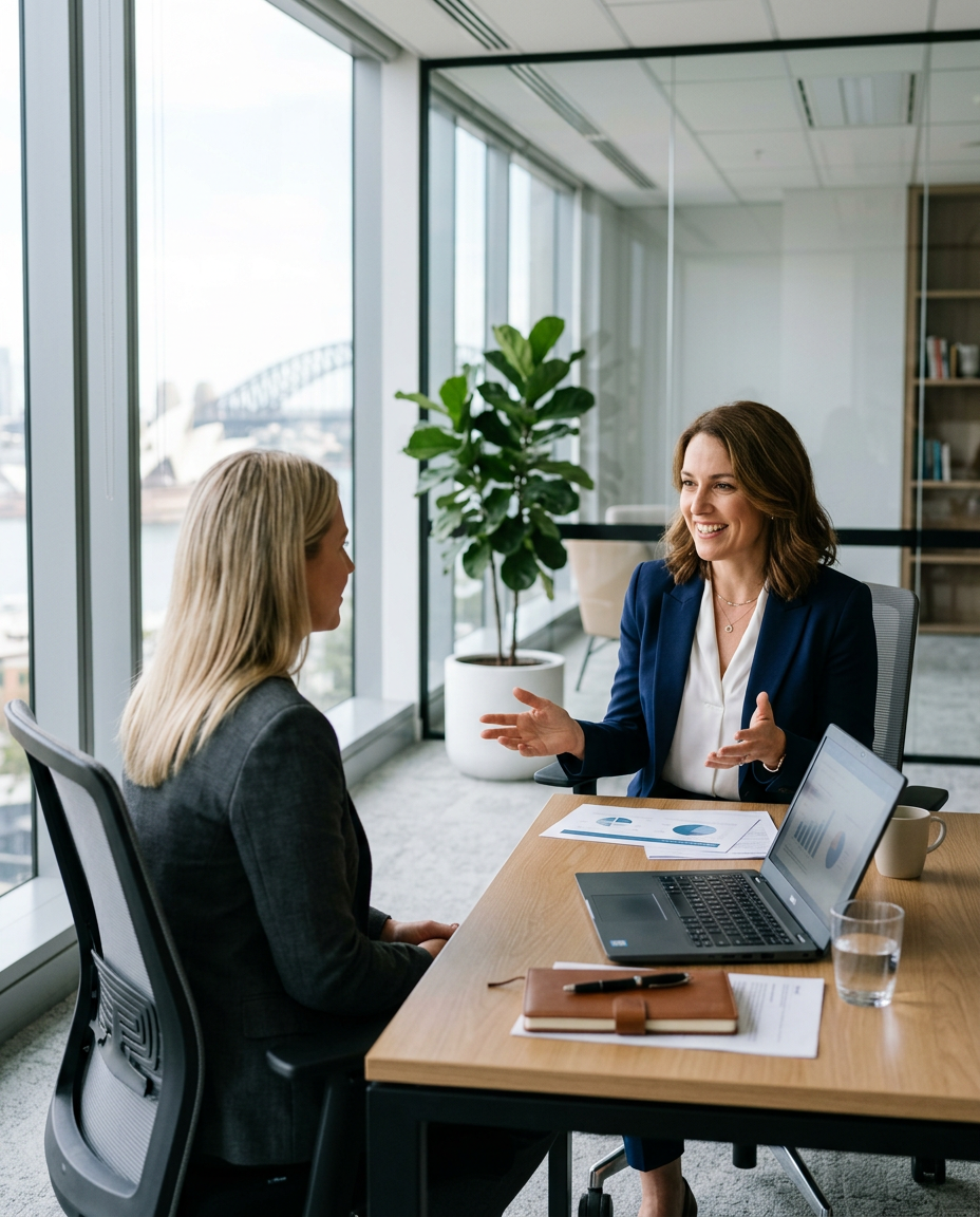 Franchise consultant advising a client in their office