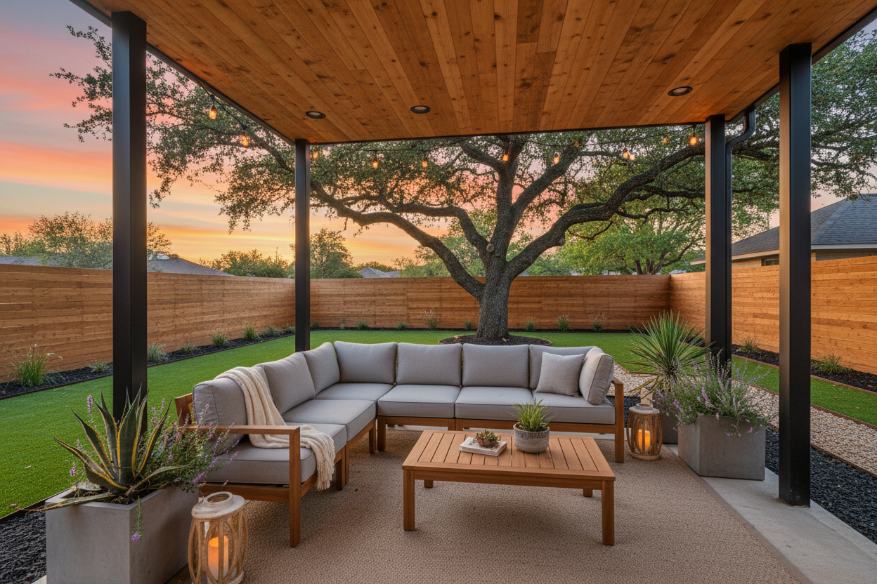 Leander, TX backyard with covered patio, string lights, modern outdoor seating, native plants, and a mature live oak at sunset