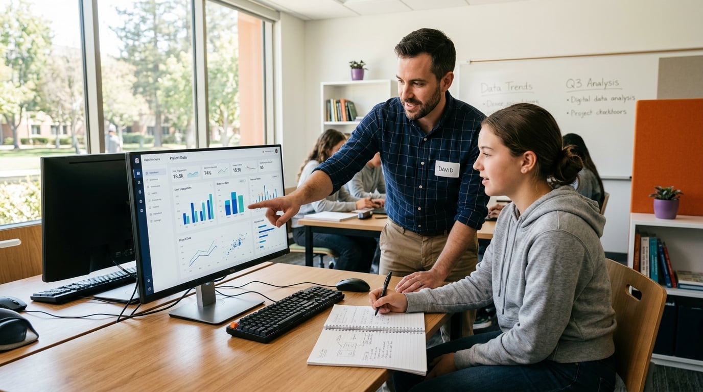 Jovem usando IA em tarefa real com professor