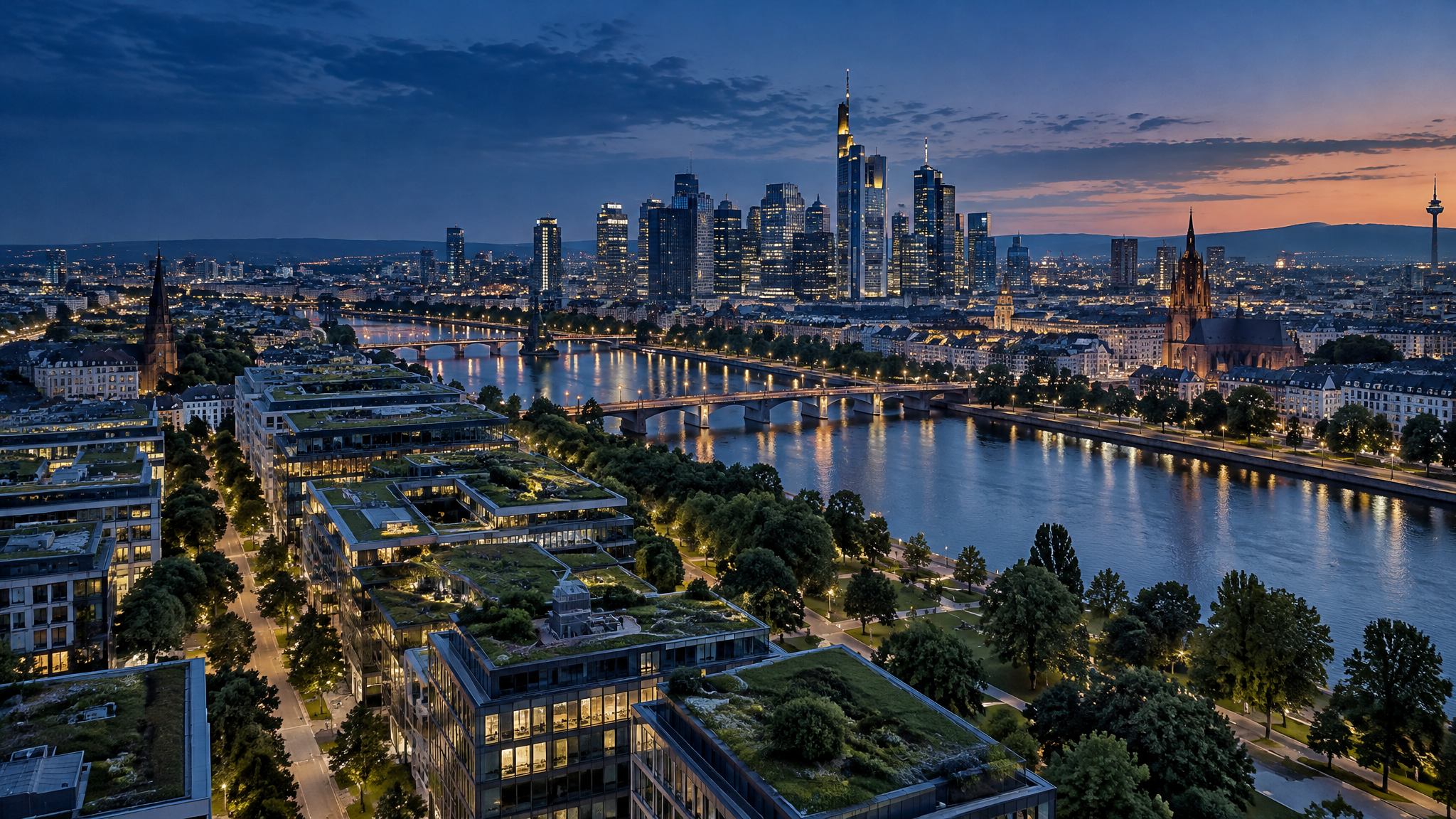 Nachhaltige Stadtlandschaft bei Dämmerung