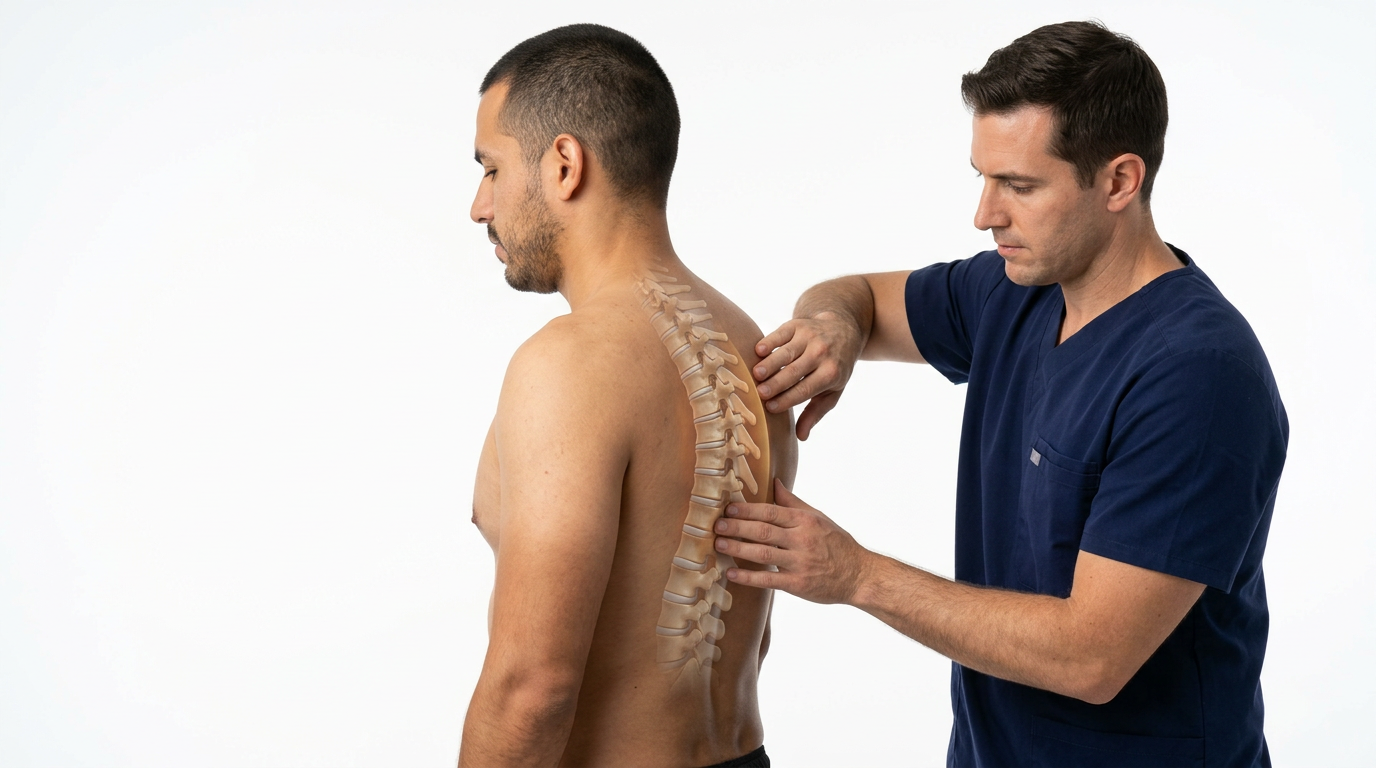 Clinician palpating the mid-back paraspinal muscles with an overlay showing increased thoracic kyphosis
