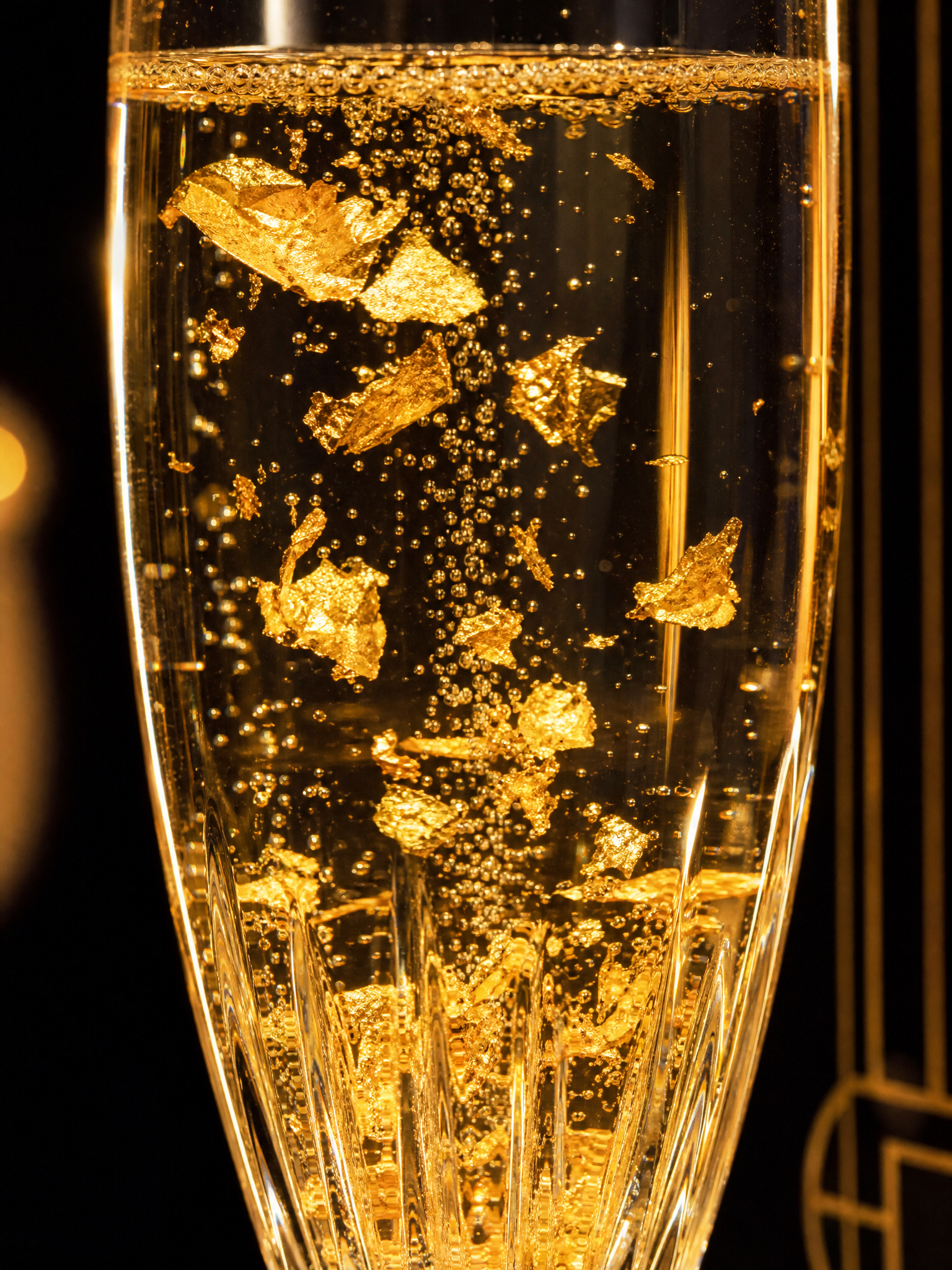 Close-up of 23-karat gold flakes floating in a champagne glass