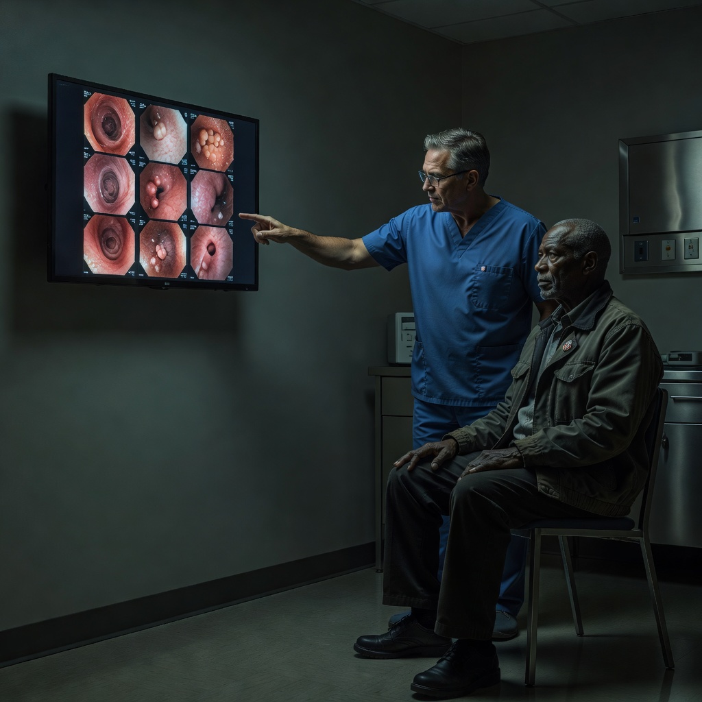 A Black male veteran in his 60s seated beside a gastroenterologist pointing at endoscopy images on a wall monitor in a dark clinical consultation room