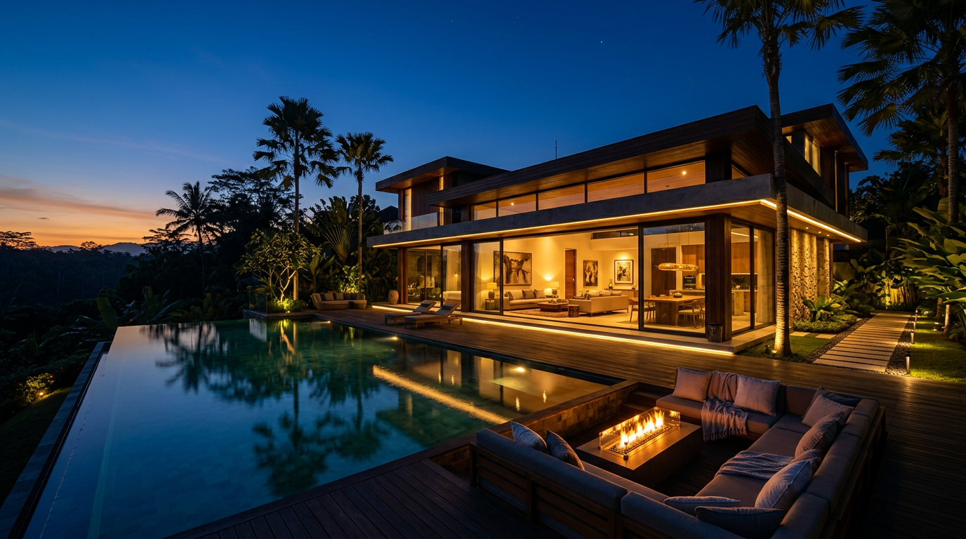 Luxury Bali villa at twilight