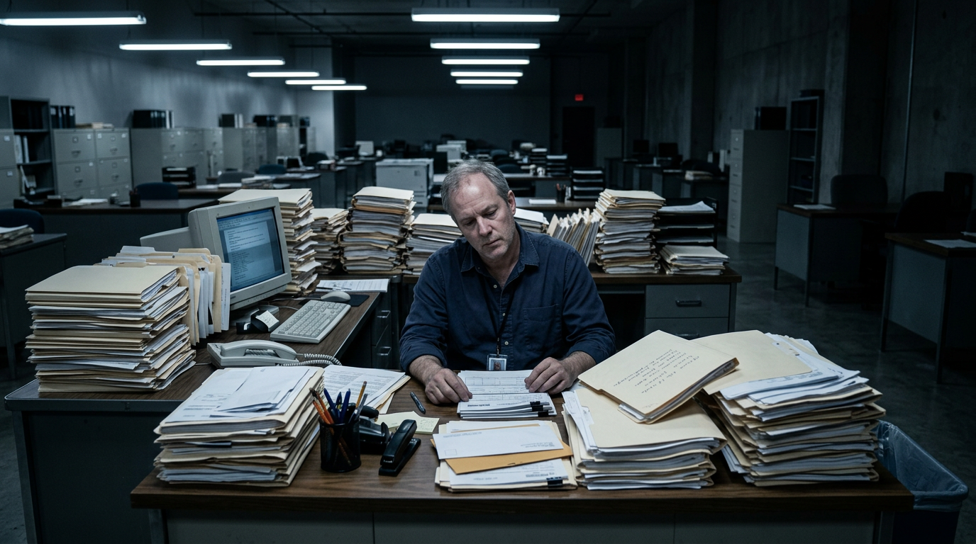 An overworked government claims rater at a desk buried under stacks of case folders